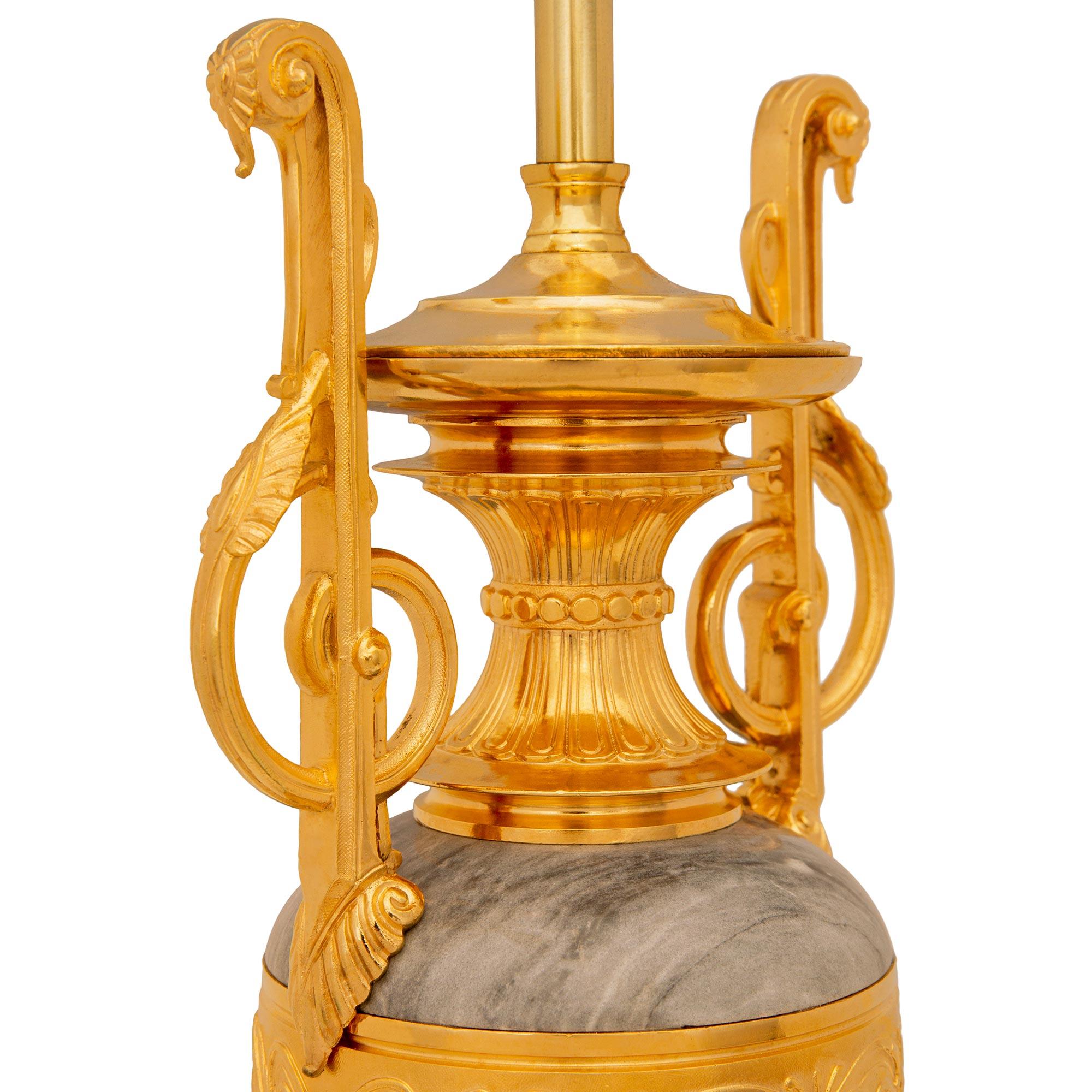 pair of French 19th century Louis XVI st. Gris St. Anne marble and Ormolu lamps For Sale 1
