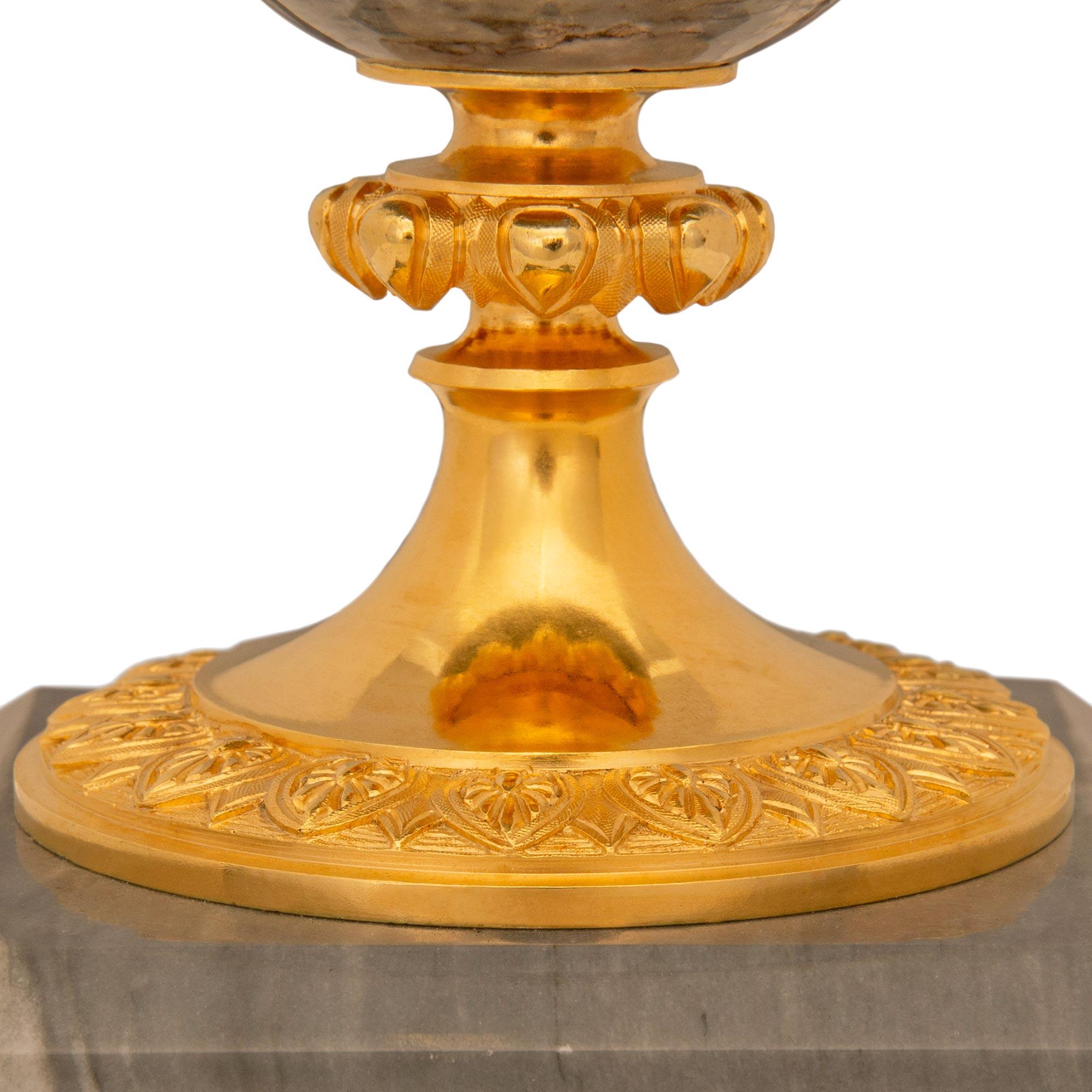 pair of French 19th century Louis XVI st. Gris St. Anne marble and Ormolu lamps For Sale 3