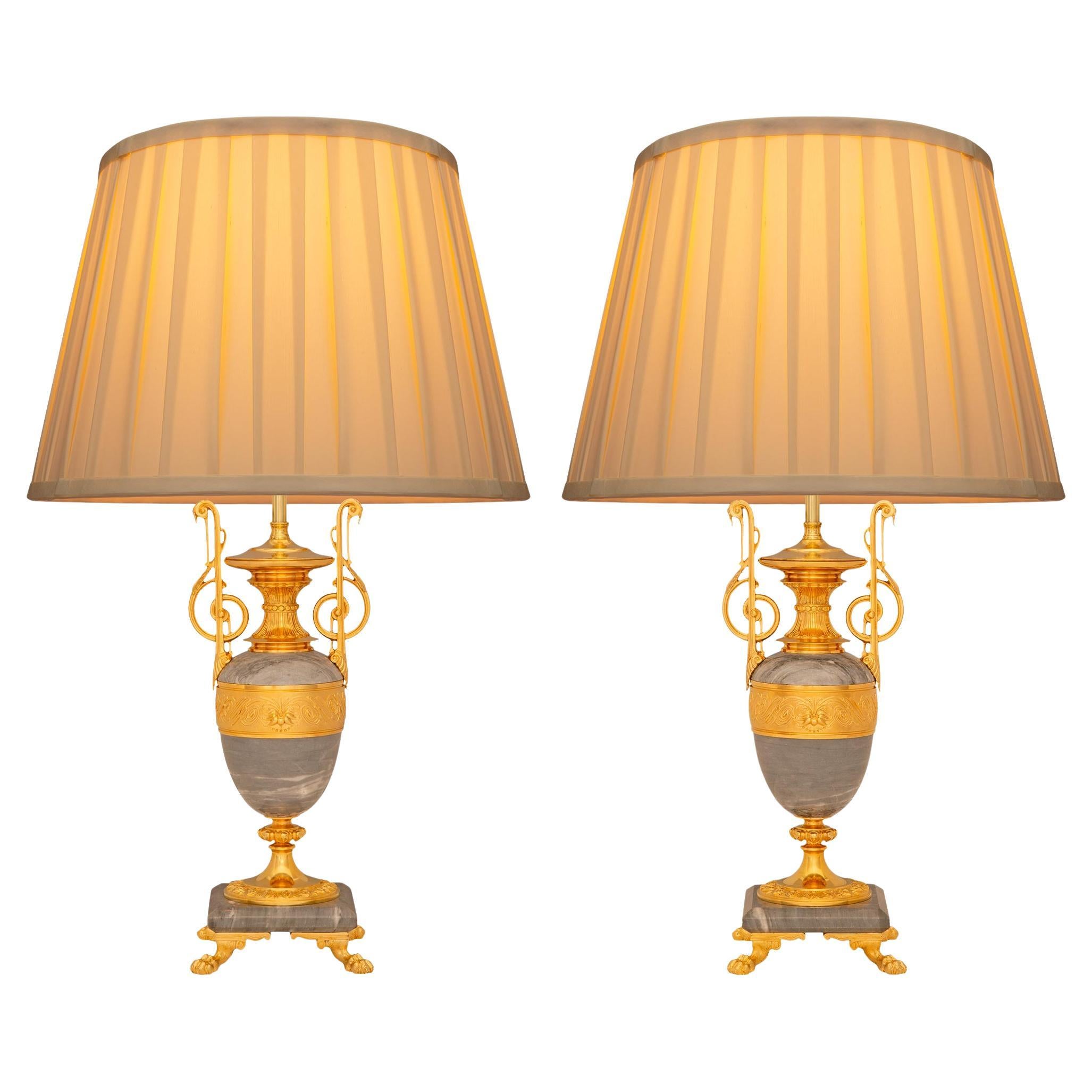 pair of French 19th century Louis XVI st. Gris St. Anne marble and Ormolu lamps For Sale