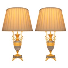 pair of French 19th century Louis XVI st. Gris St. Anne marble and Ormolu lamps