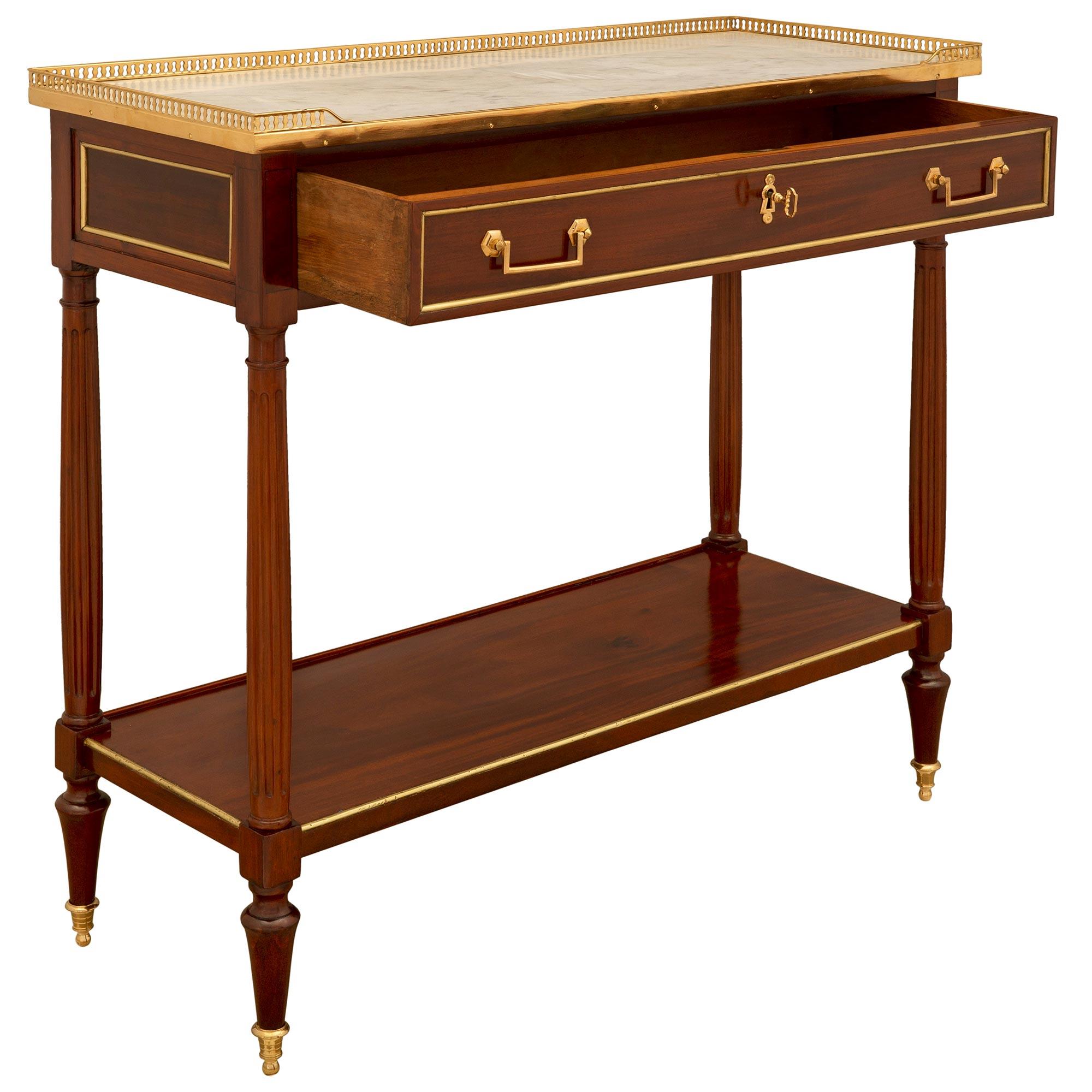 Pair of French 19th Century Louis XVI St. Mahogany, Ormolu and Marble Consoles For Sale 1