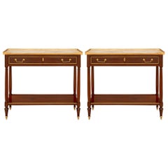 Pair of French 19th Century Louis XVI St. Mahogany, Ormolu and Marble Consoles