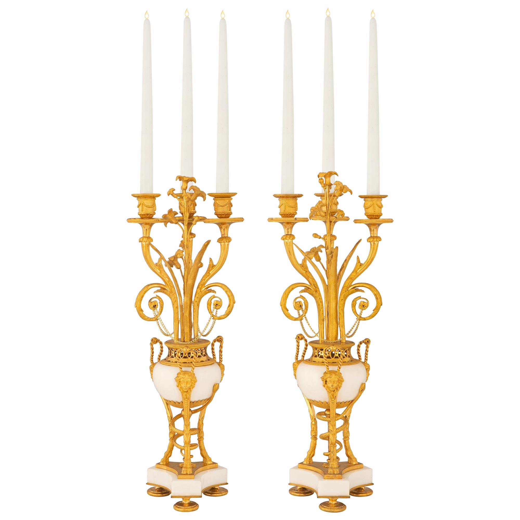 Pair of French 19th Century Louis XVI St. Marble and Ormolu Candelabras For Sale 5