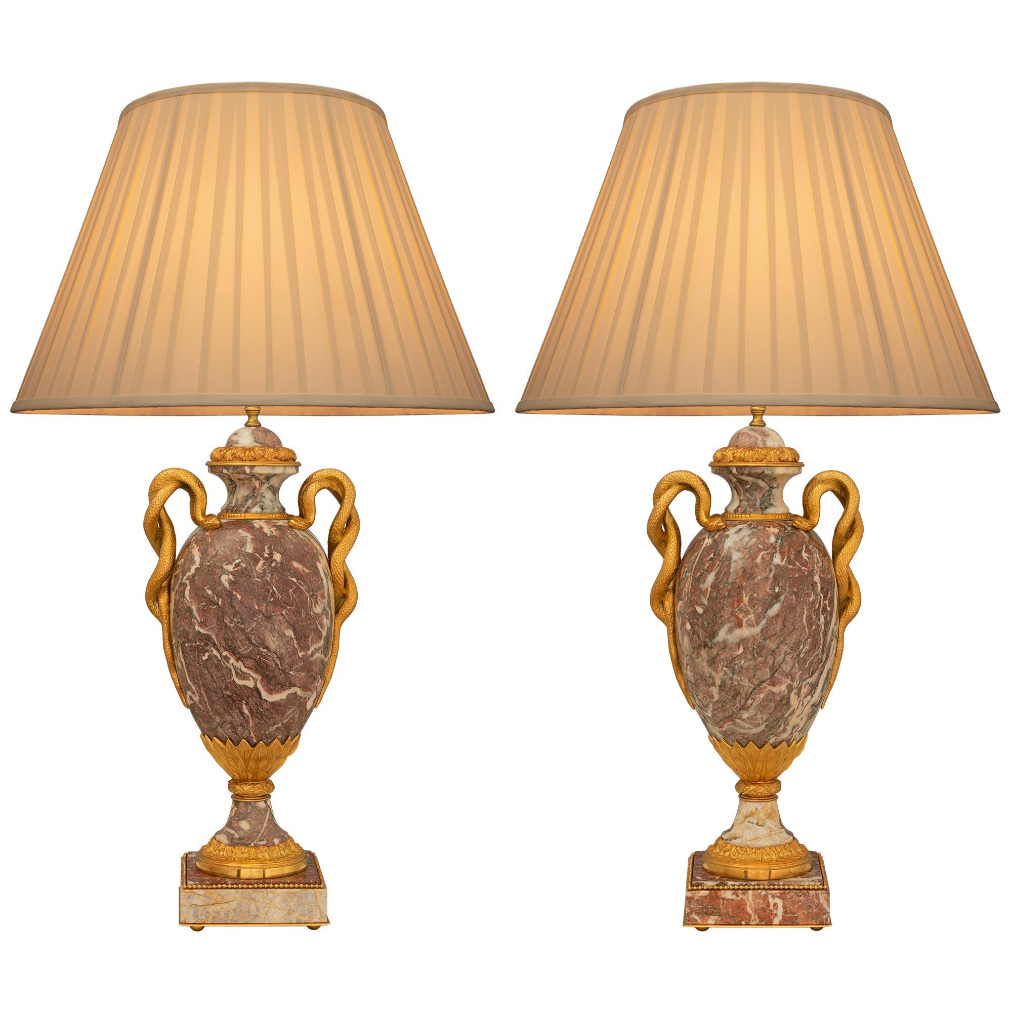 Pair of French 19th Century Louis XVI St. Marble And Ormolu Lamps For Sale 5