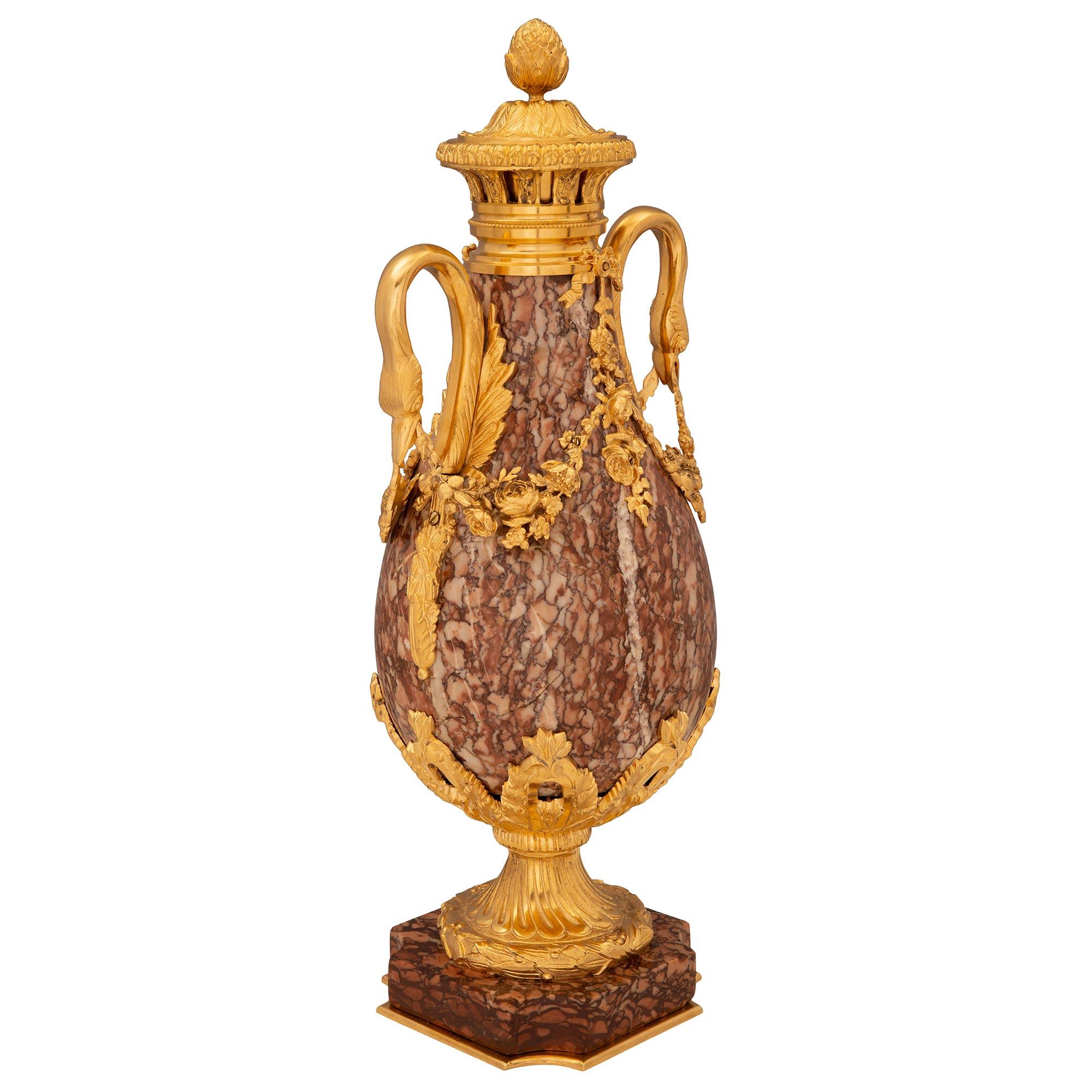 Pair of French 19th Century Louis XVI St. Marble and Ormolu Lidded Urns For Sale 1