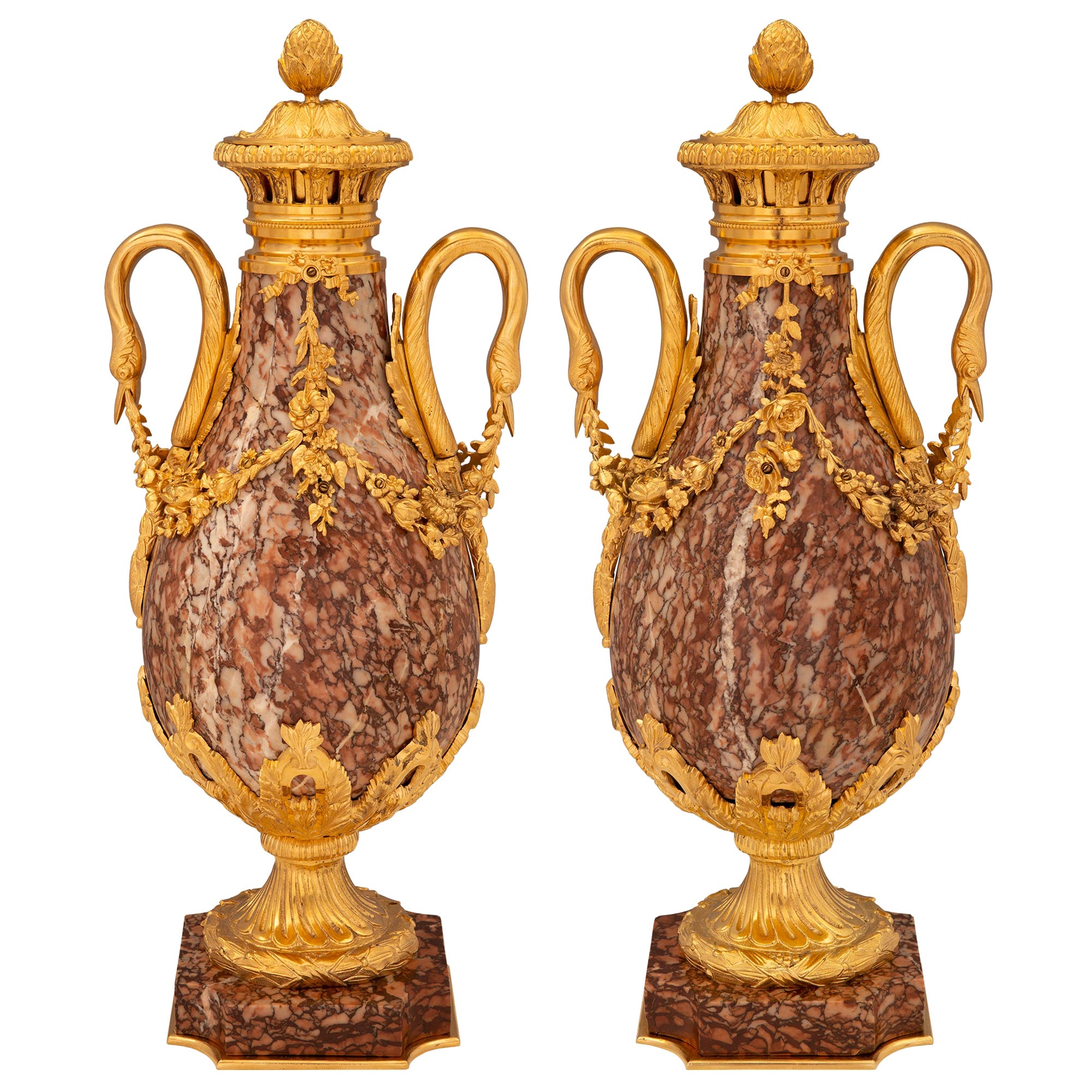Pair of French 19th Century Louis XVI St. Marble and Ormolu Lidded Urns