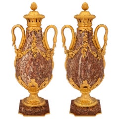 Pair of French 19th Century Louis XVI St. Marble and Ormolu Lidded Urns