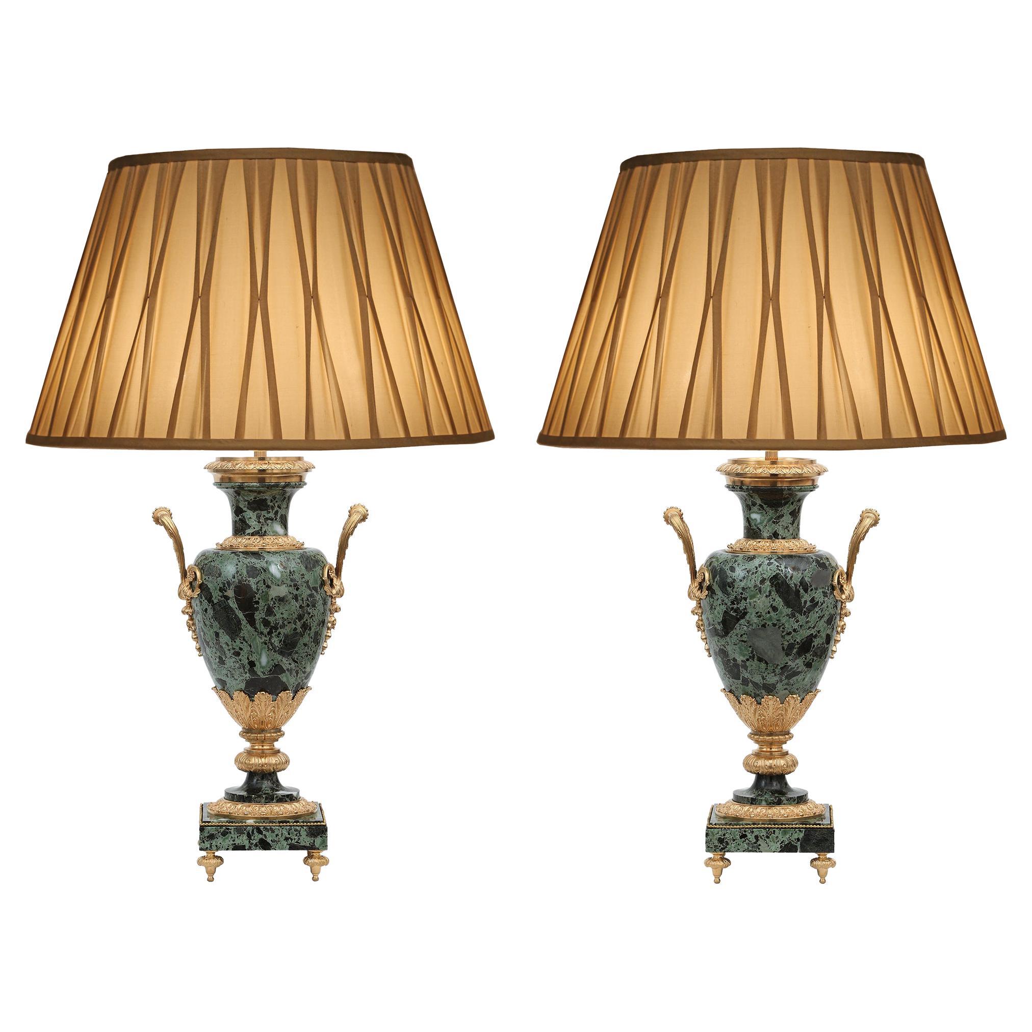 Pair of French 19th Century Louis XVI St. Marble and Ormolu Mounted Lamp For Sale