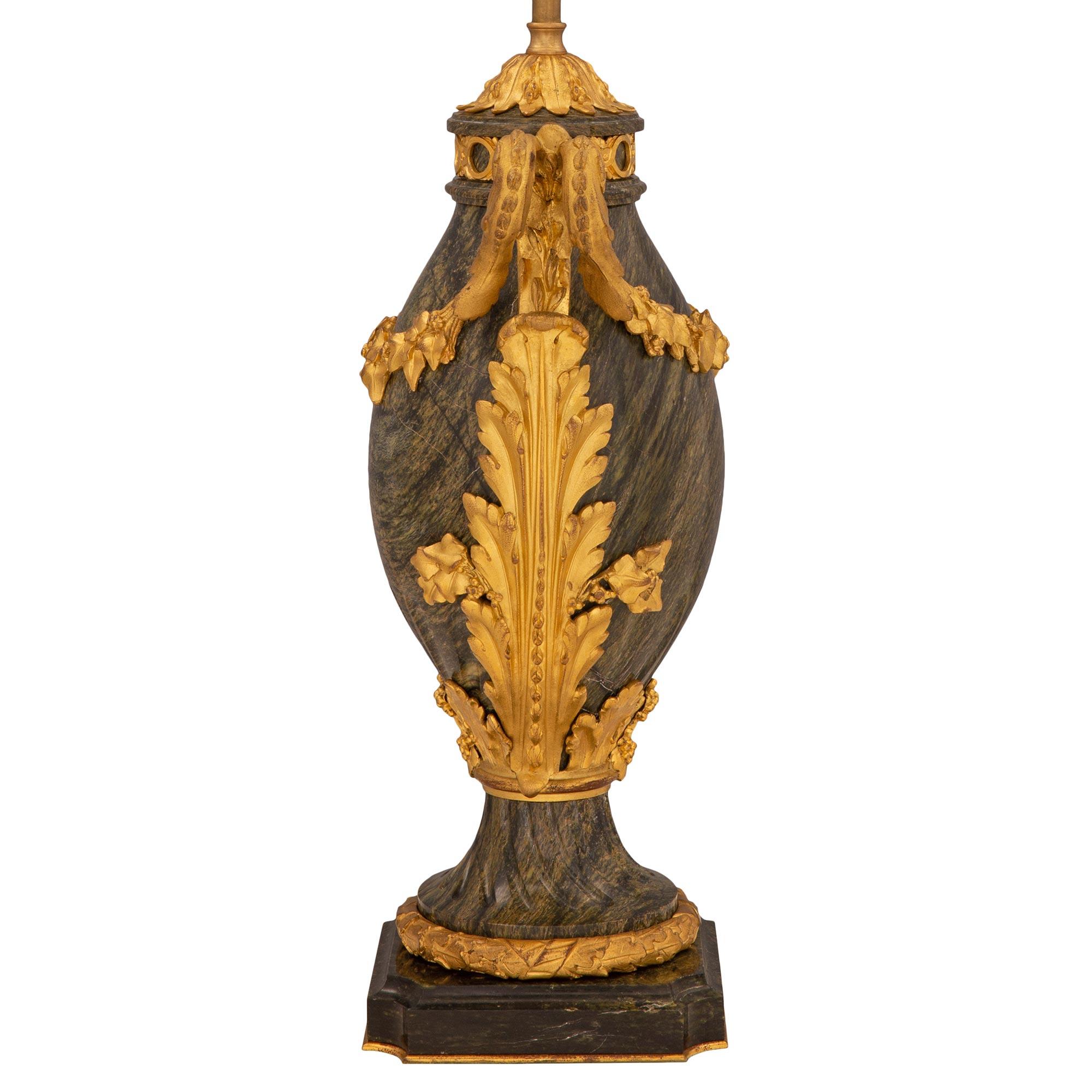 Pair of French 19th Century Louis XVI St. Marble and Ormolu Table Lamps In Good Condition For Sale In West Palm Beach, FL