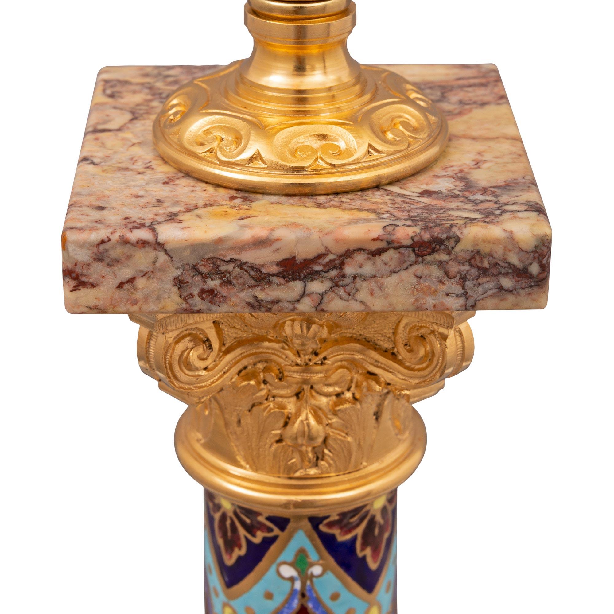 Pair of French 19th Century Louis XVI St. Marble, Ormolu and Cloisonné Lamps In Good Condition For Sale In West Palm Beach, FL