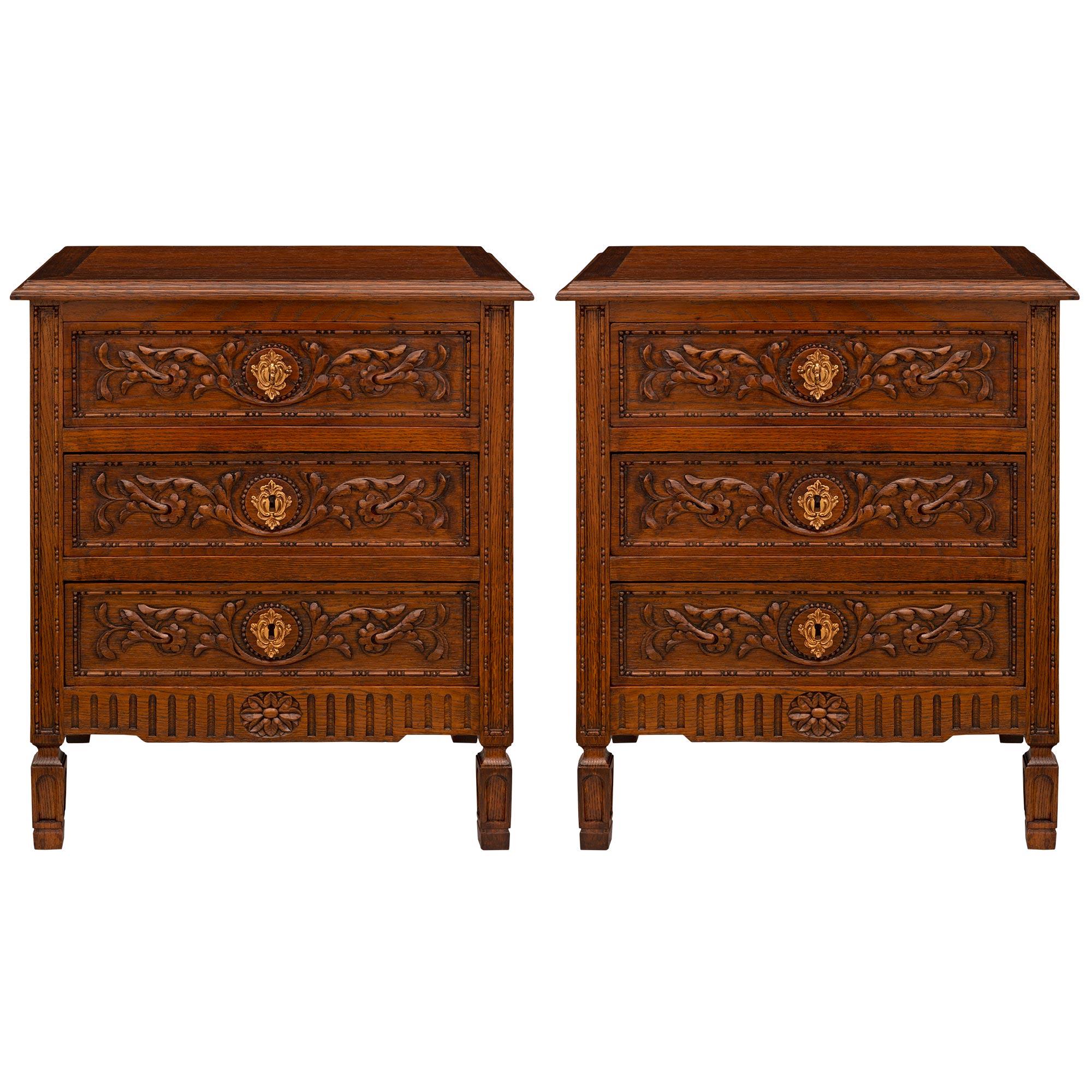 Pair of French 19th Century Louis XVI St. Oak and Ormolu Commodes/Night Tables For Sale