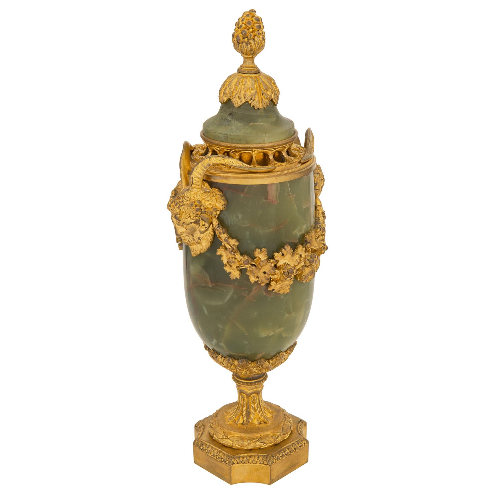 Pair of French 19th Century Louis XVI St. Onyx and Ormolu Lidded Urns In Good Condition For Sale In West Palm Beach, FL