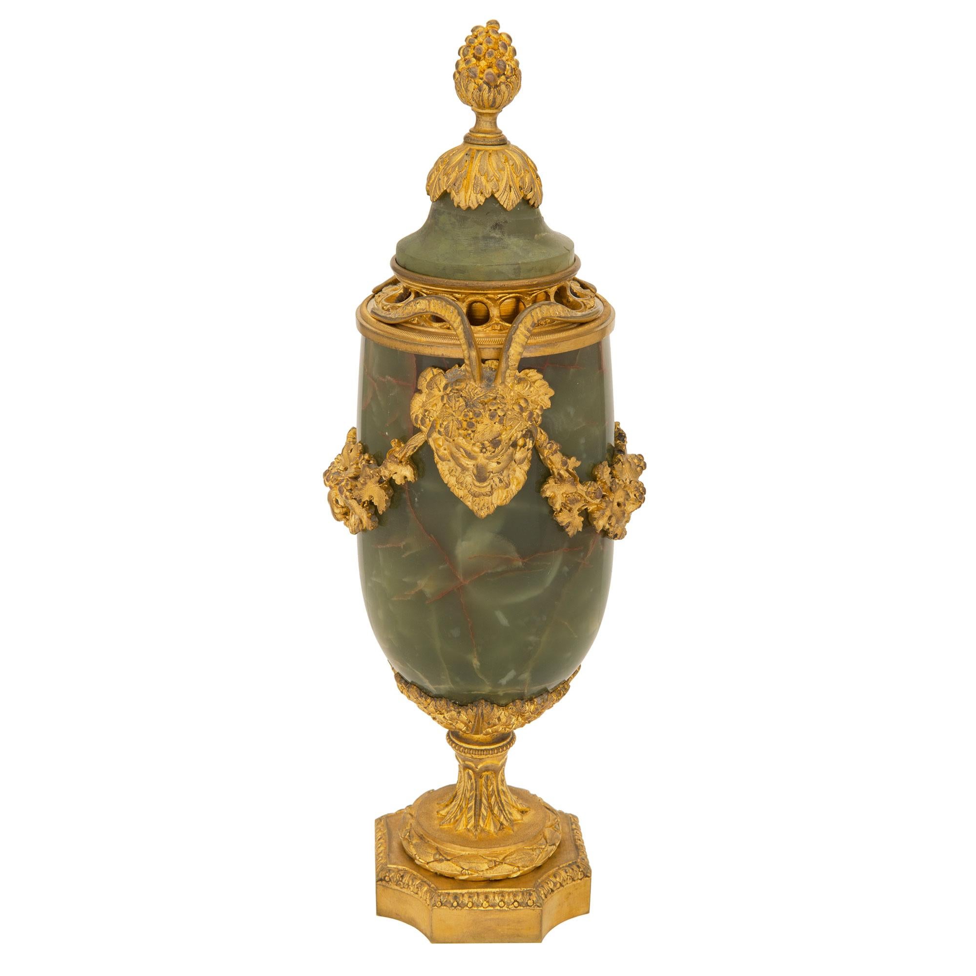 Pair of French 19th Century Louis XVI St. Onyx and Ormolu Lidded Urns For Sale 1