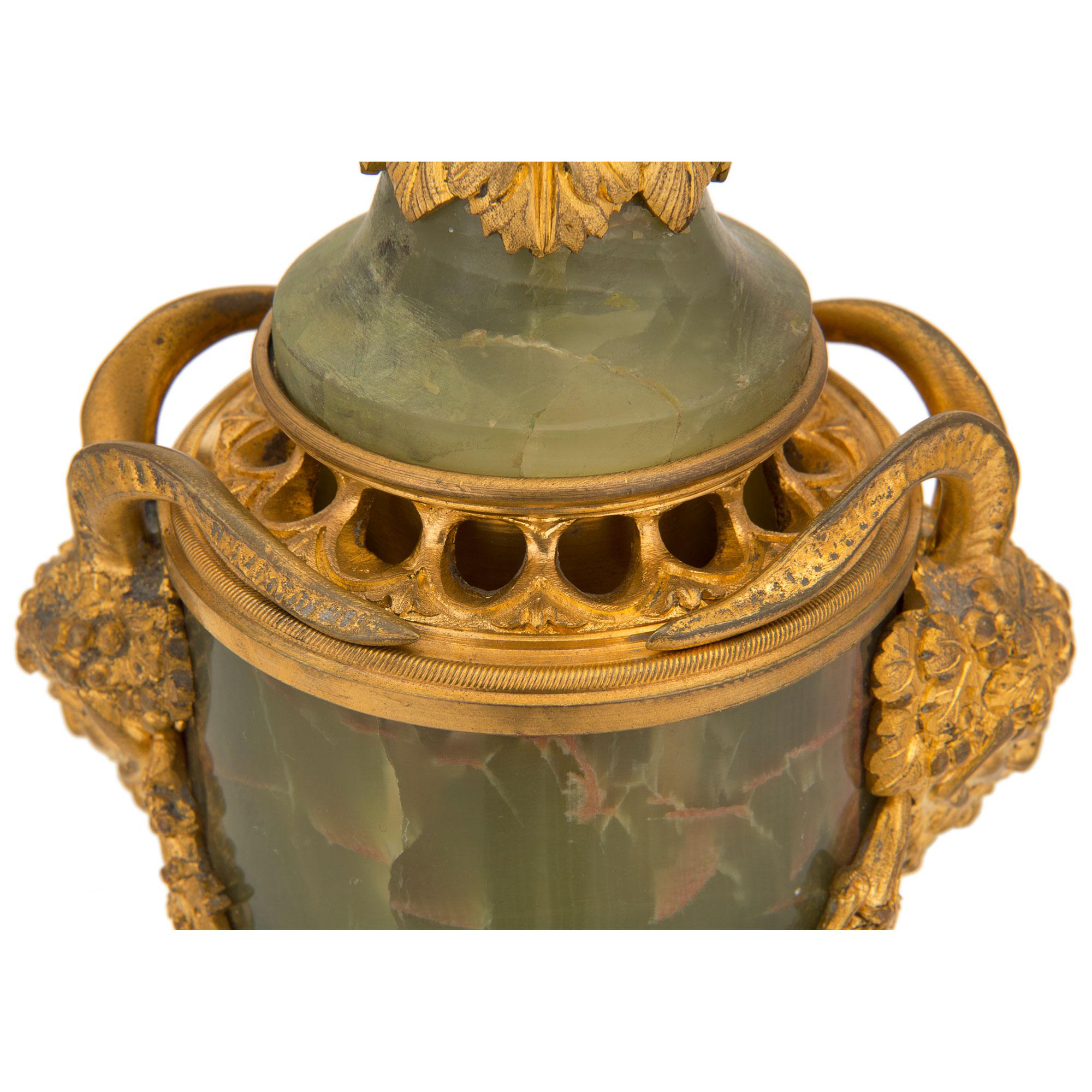 Pair of French 19th Century Louis XVI St. Onyx and Ormolu Lidded Urns For Sale 4