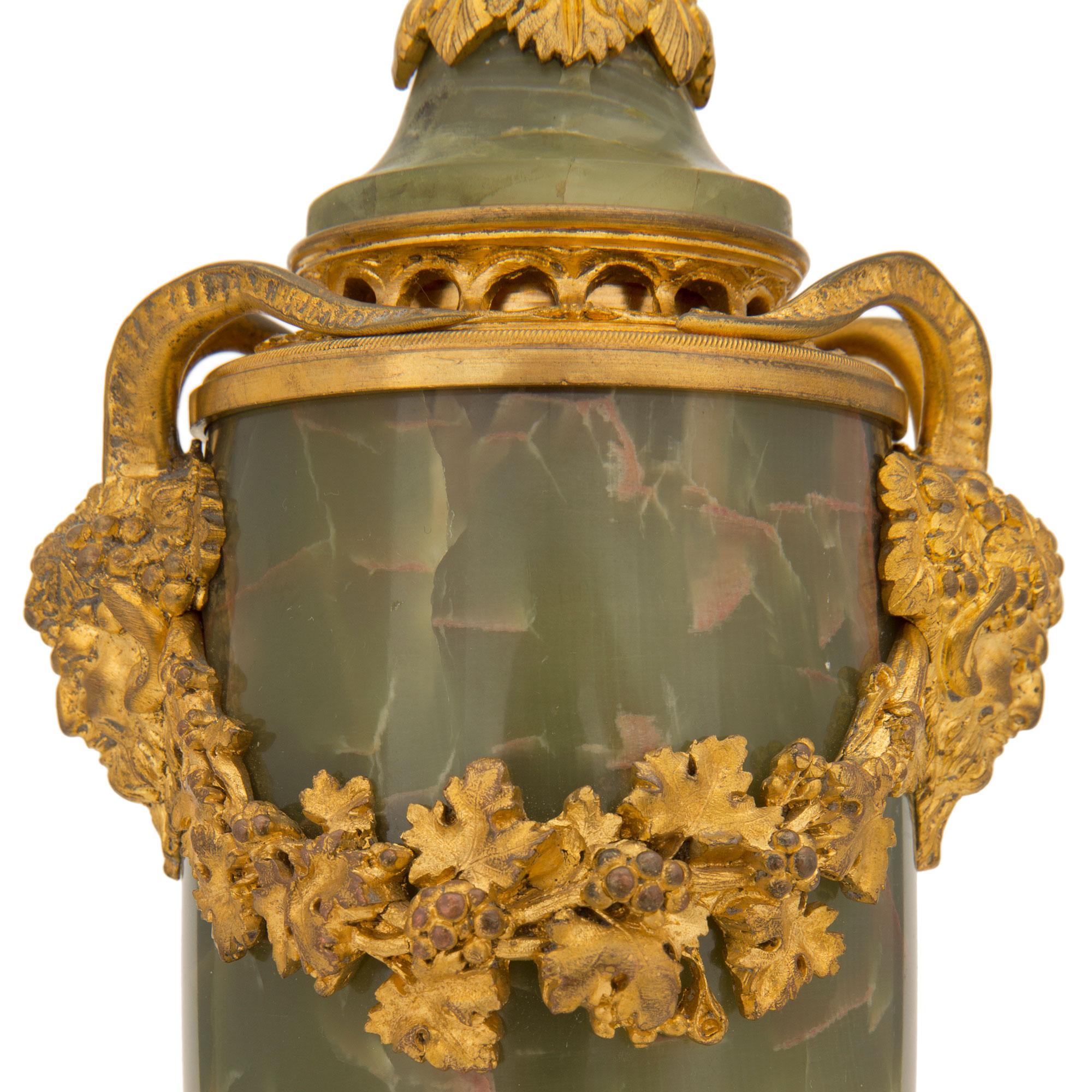 Pair of French 19th Century Louis XVI St. Onyx and Ormolu Lidded Urns For Sale 5