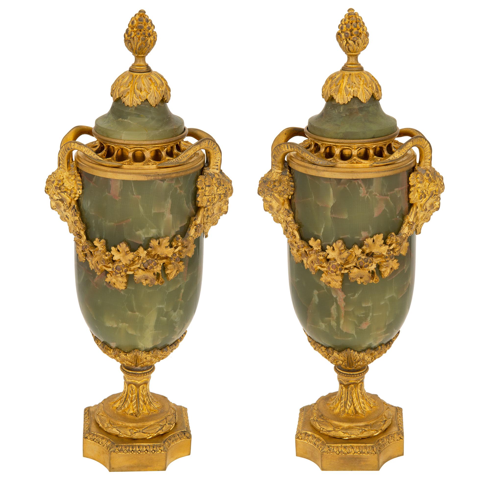 Pair of French 19th Century Louis XVI St. Onyx and Ormolu Lidded Urns