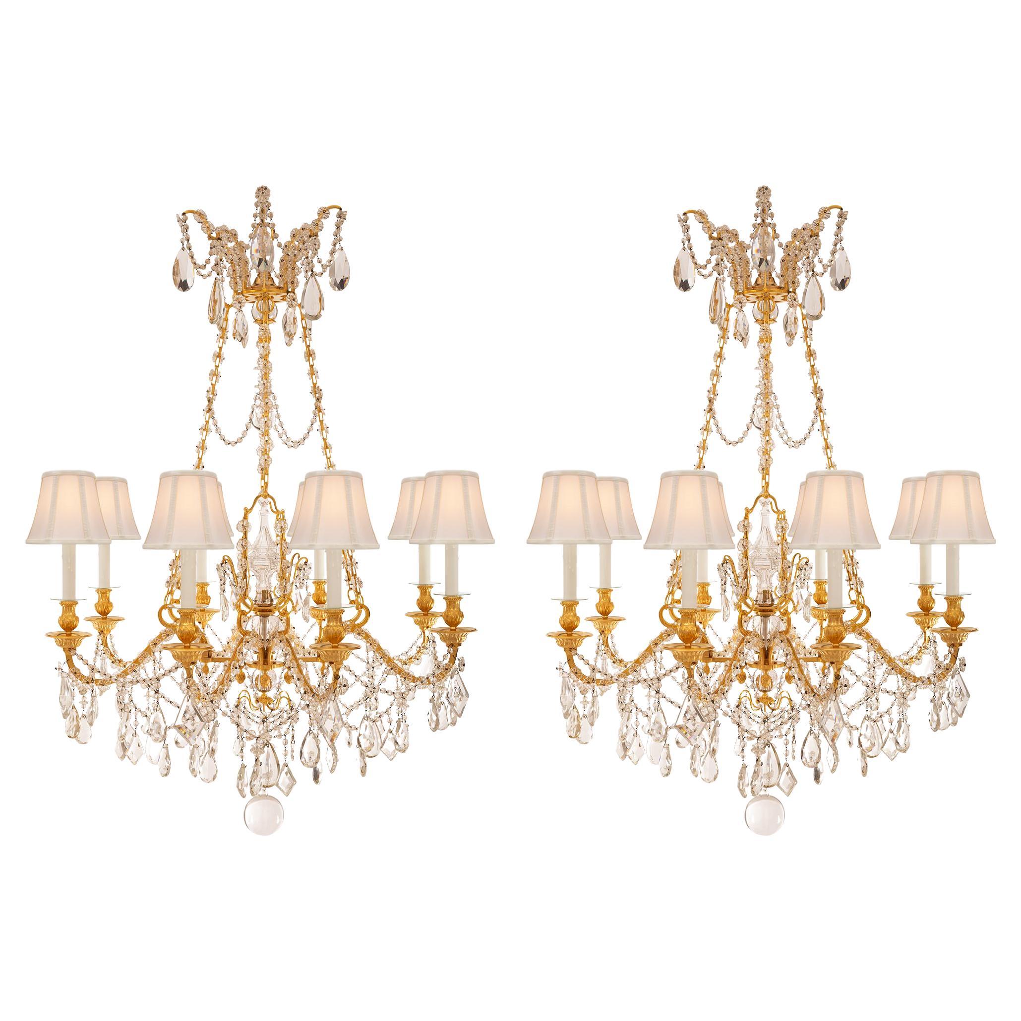 Pair of French 19th Century Louis XVI St. Ormolu and Baccarat Chandeliers