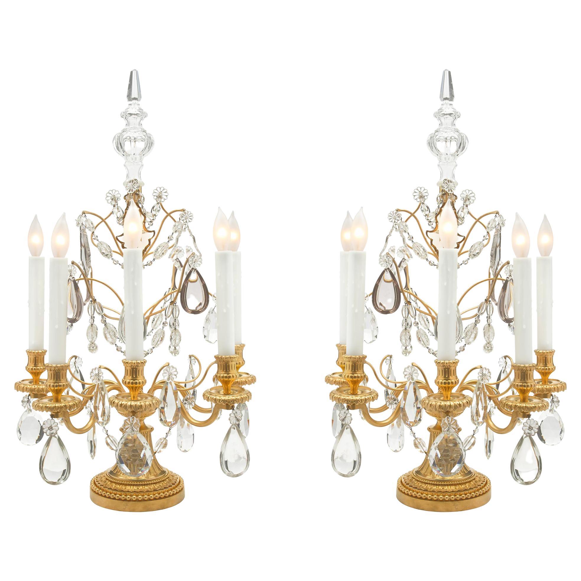 Pair of French 19th Century Louis XVI St. Ormolu and Baccarat Crystal Girandoles For Sale