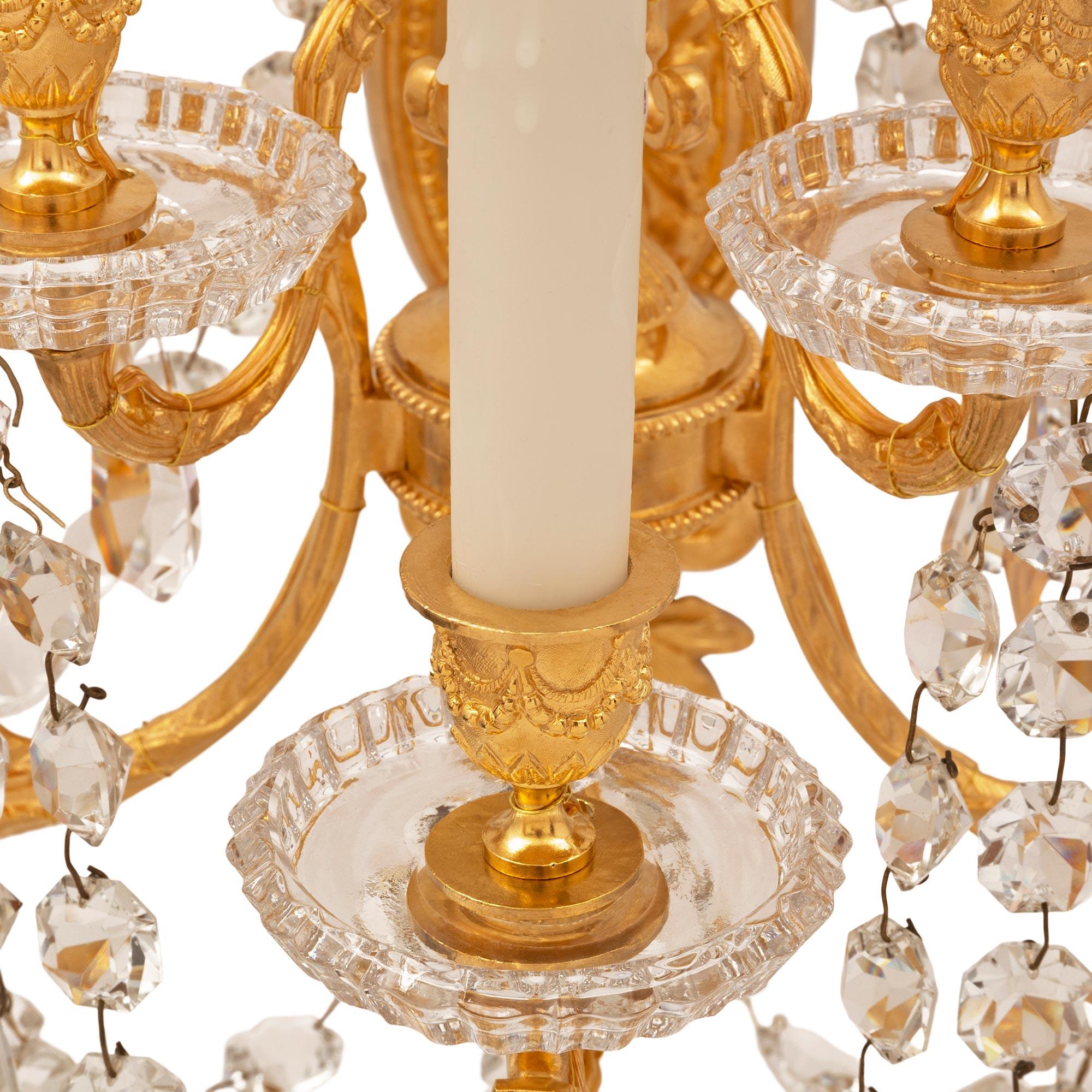 Pair of French 19th Century Louis XVI St. Ormolu and Baccarat Crystal Sconces For Sale 2