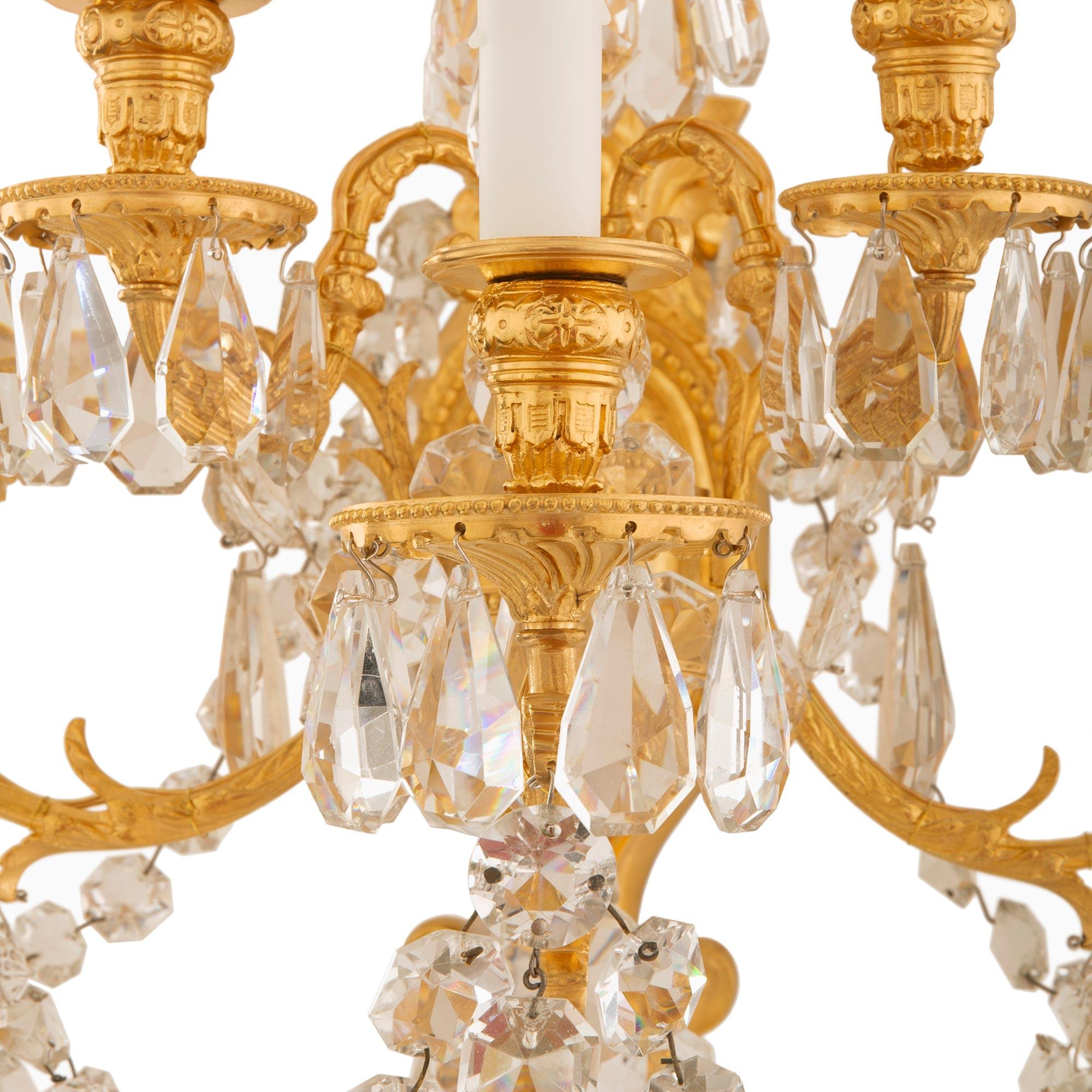 Pair of French 19th Century Louis XVI St. Ormolu and Baccarat Crystal Sconces 2