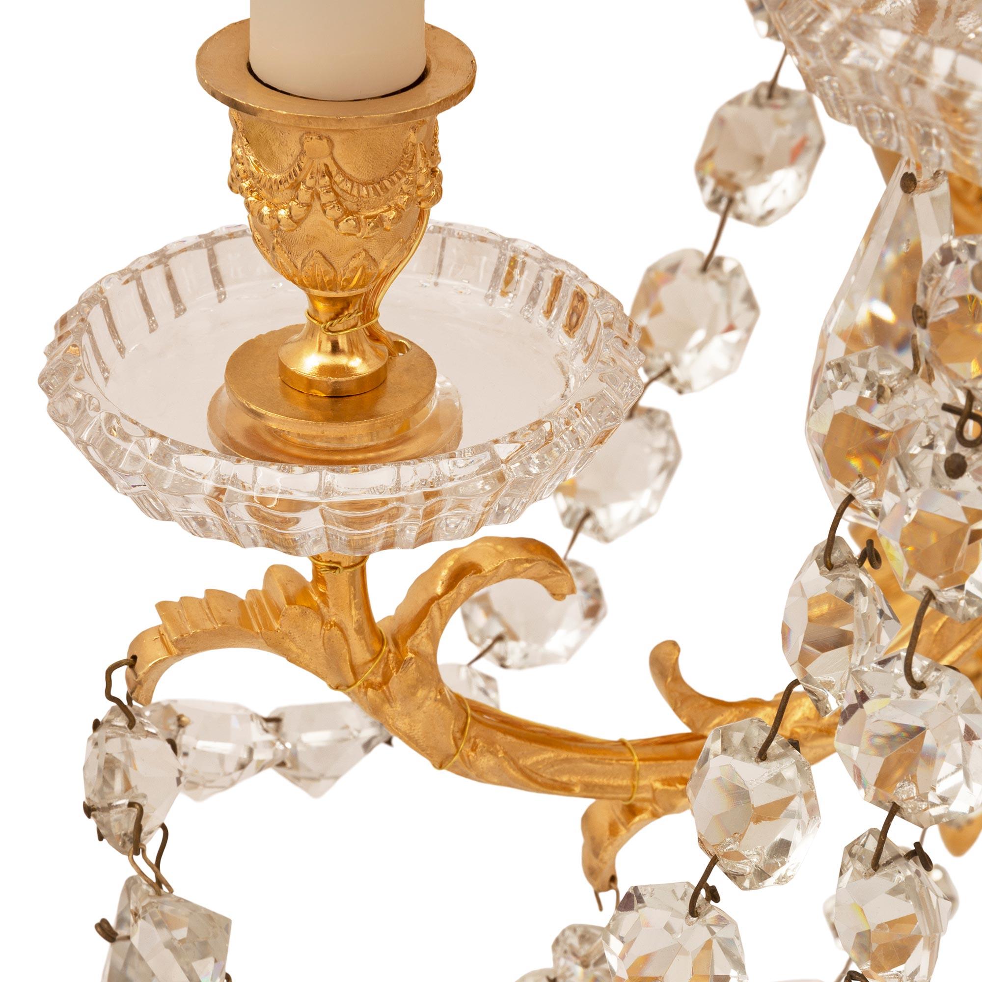 Pair of French 19th Century Louis XVI St. Ormolu and Baccarat Crystal Sconces For Sale 3
