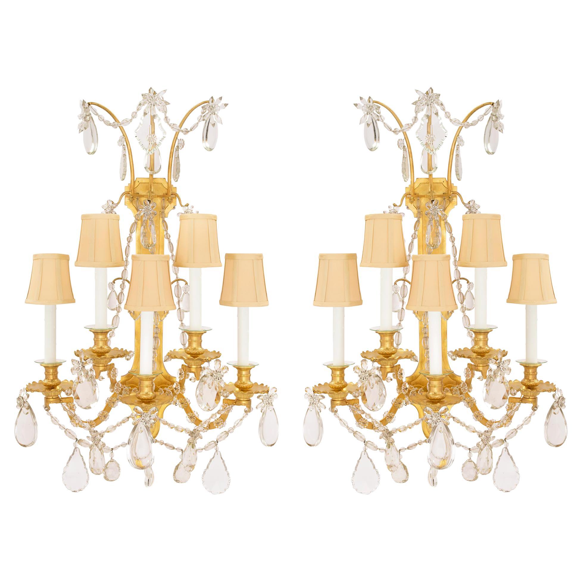  Pair of French 19th Century Louis XVI St. Ormolu and Baccarat Crystal Sconces For Sale