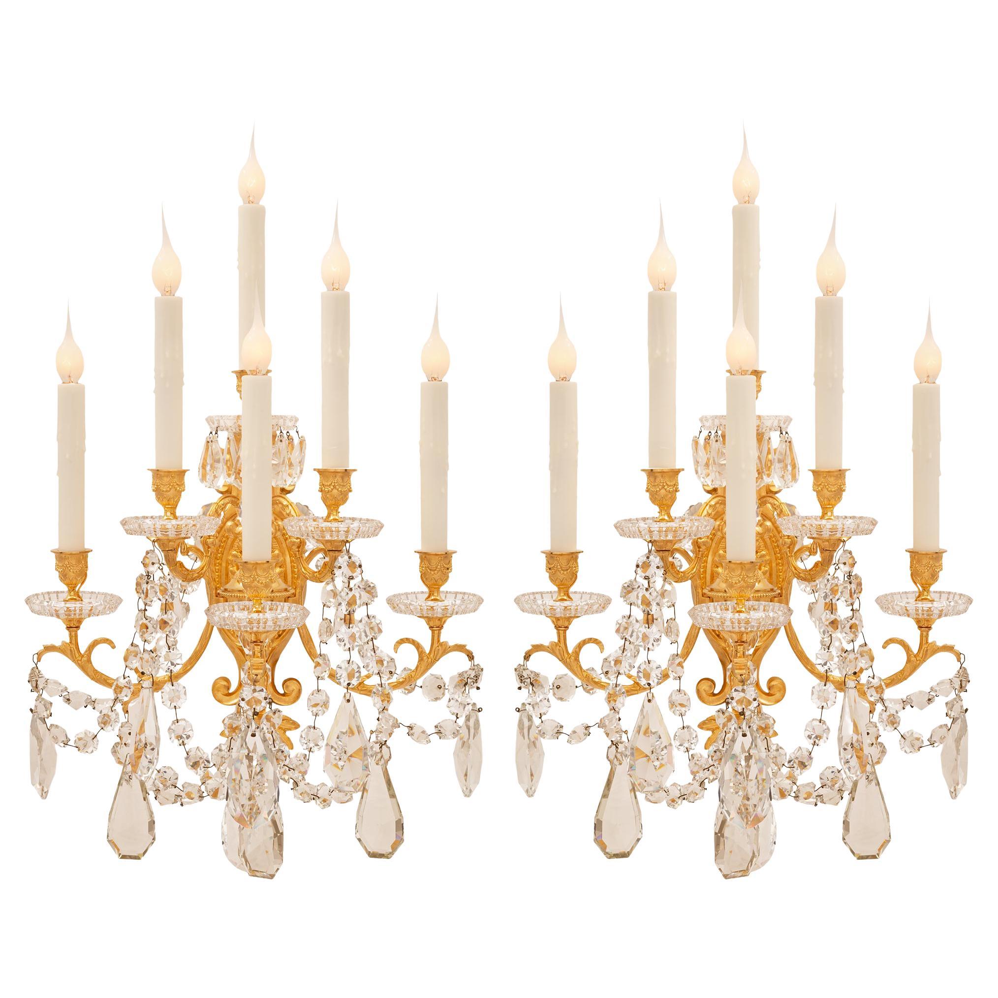 Pair of French 19th Century Louis XVI St. Ormolu and Baccarat Crystal Sconces