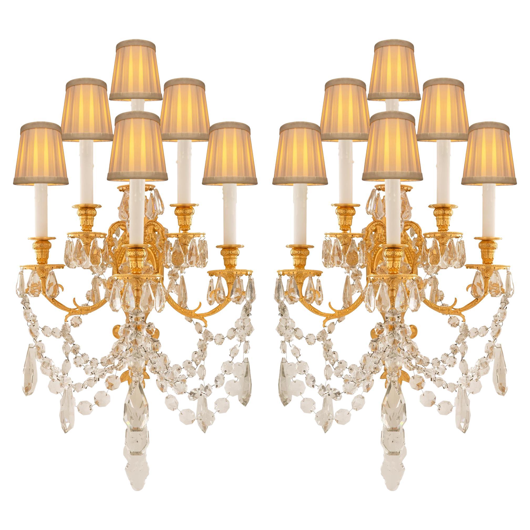 Pair of French 19th Century Louis XVI St. Ormolu and Baccarat Crystal Sconces