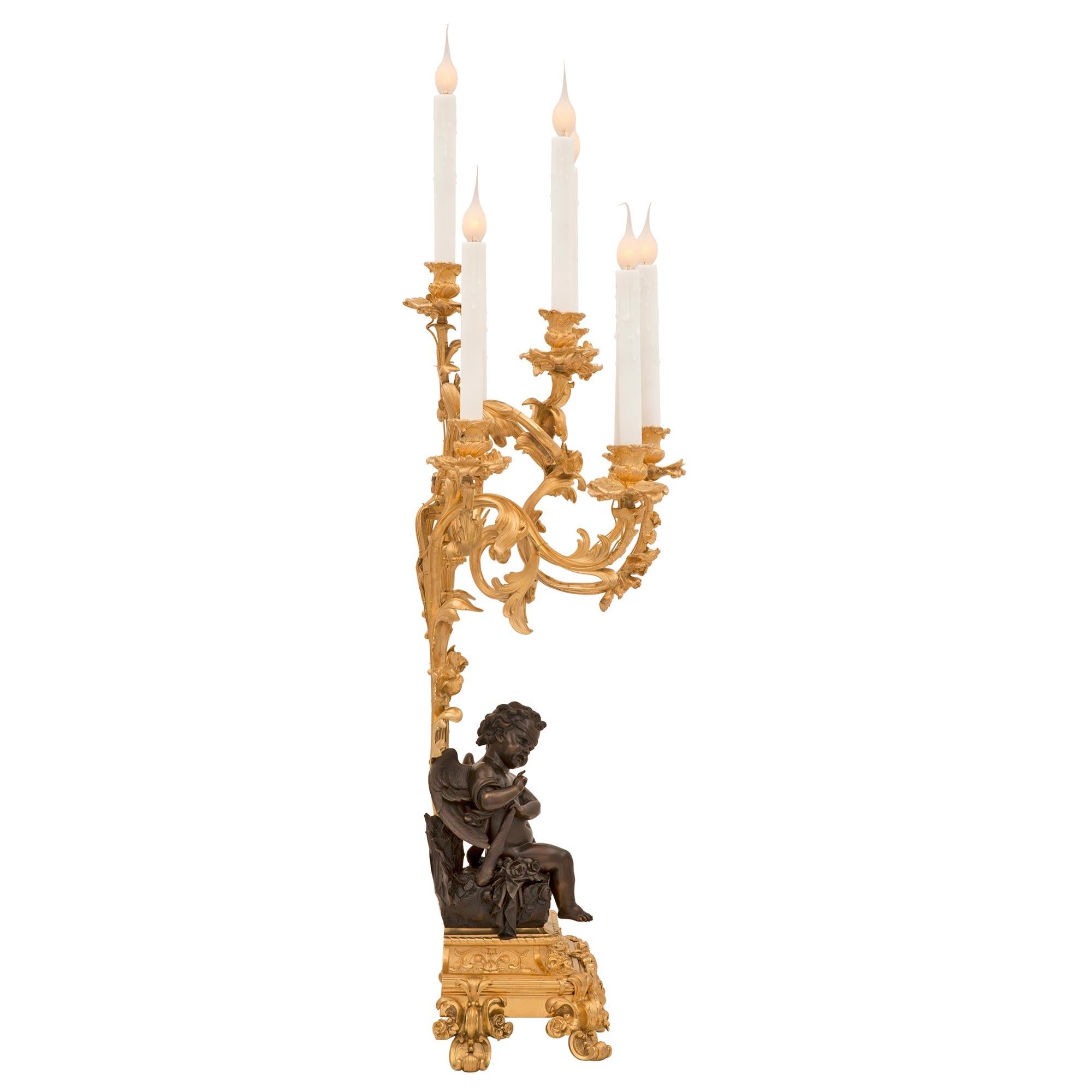 Patinated Pair of French 19th Century Louis XVI St. Ormolu and Bronze Candelabra Lamps