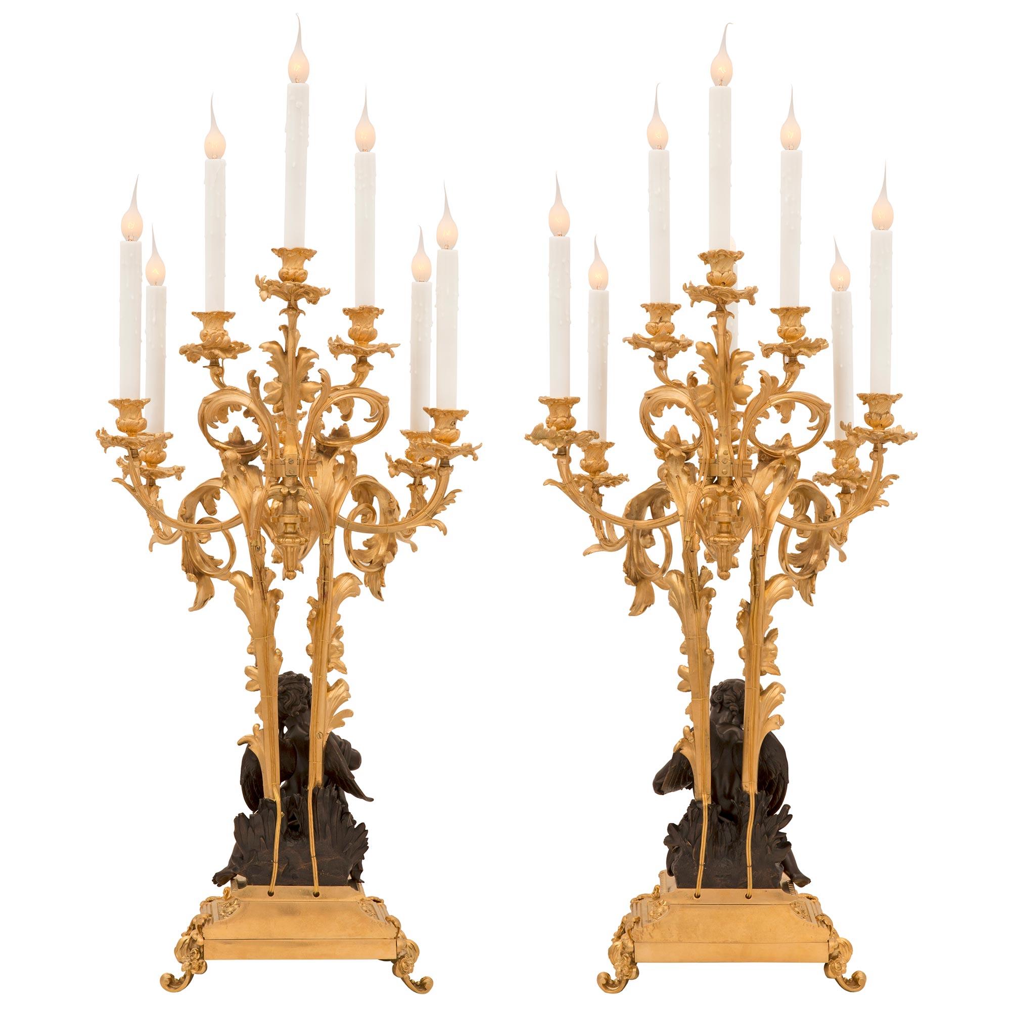 Pair of French 19th Century Louis XVI St. Ormolu and Bronze Candelabra Lamps 1
