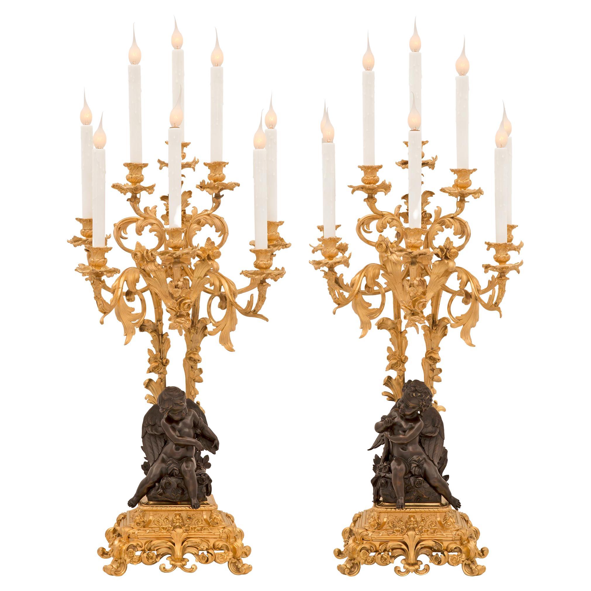 Pair of French 19th Century Louis XVI St. Ormolu and Bronze Candelabra Lamps