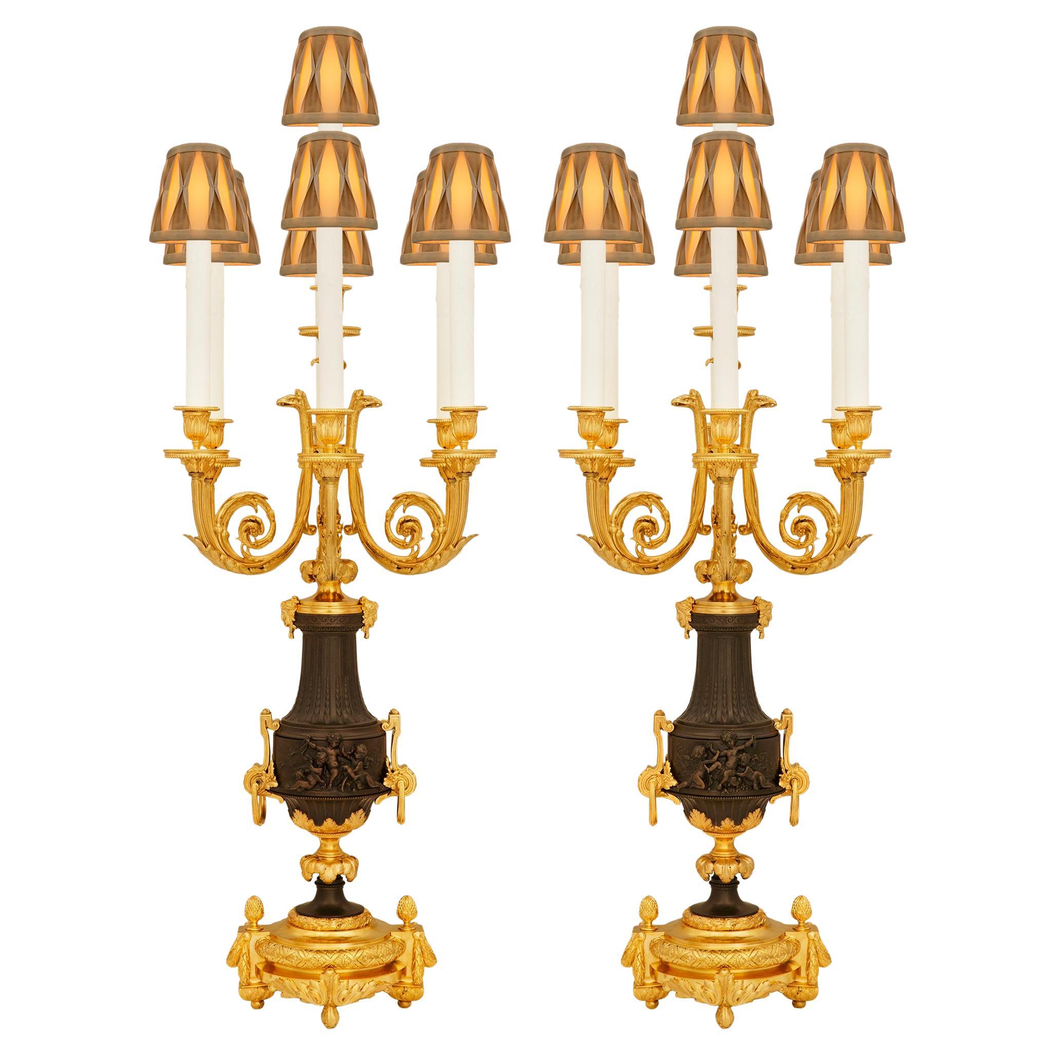 coppia di lampade francesi del XIX secolo in stile Luigi XVI con ormeggio e bronzo
