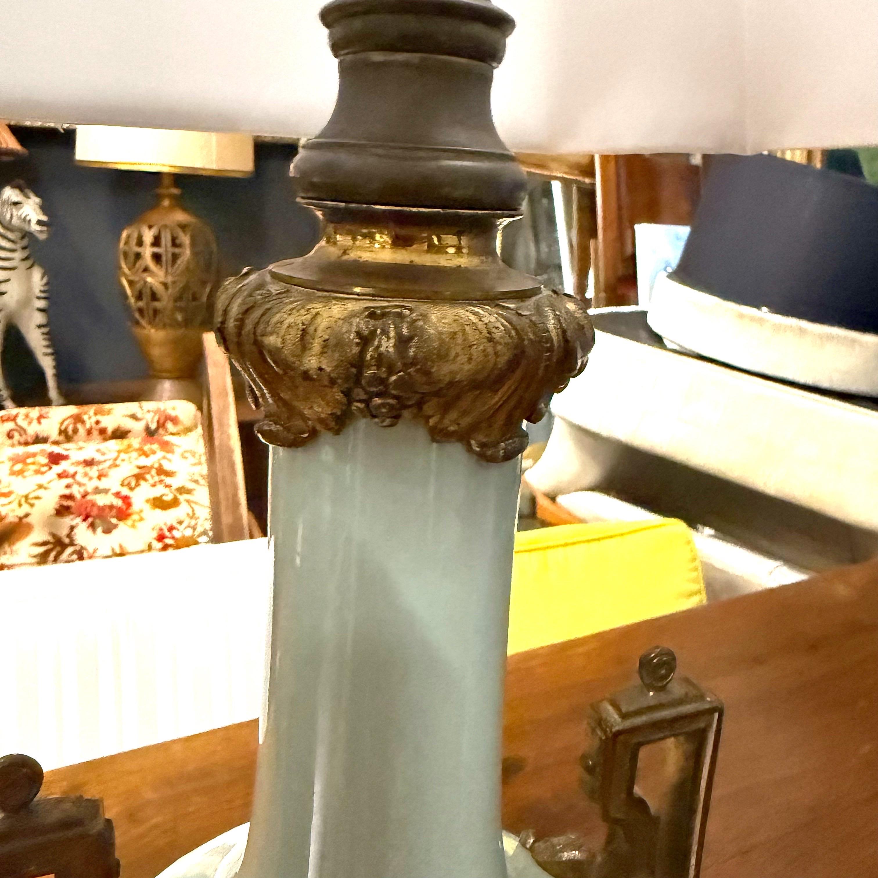 Bronzo Coppia di lampade francesi del XIX secolo in porcellana ormolu e celadon di stile Luigi XVI in vendita