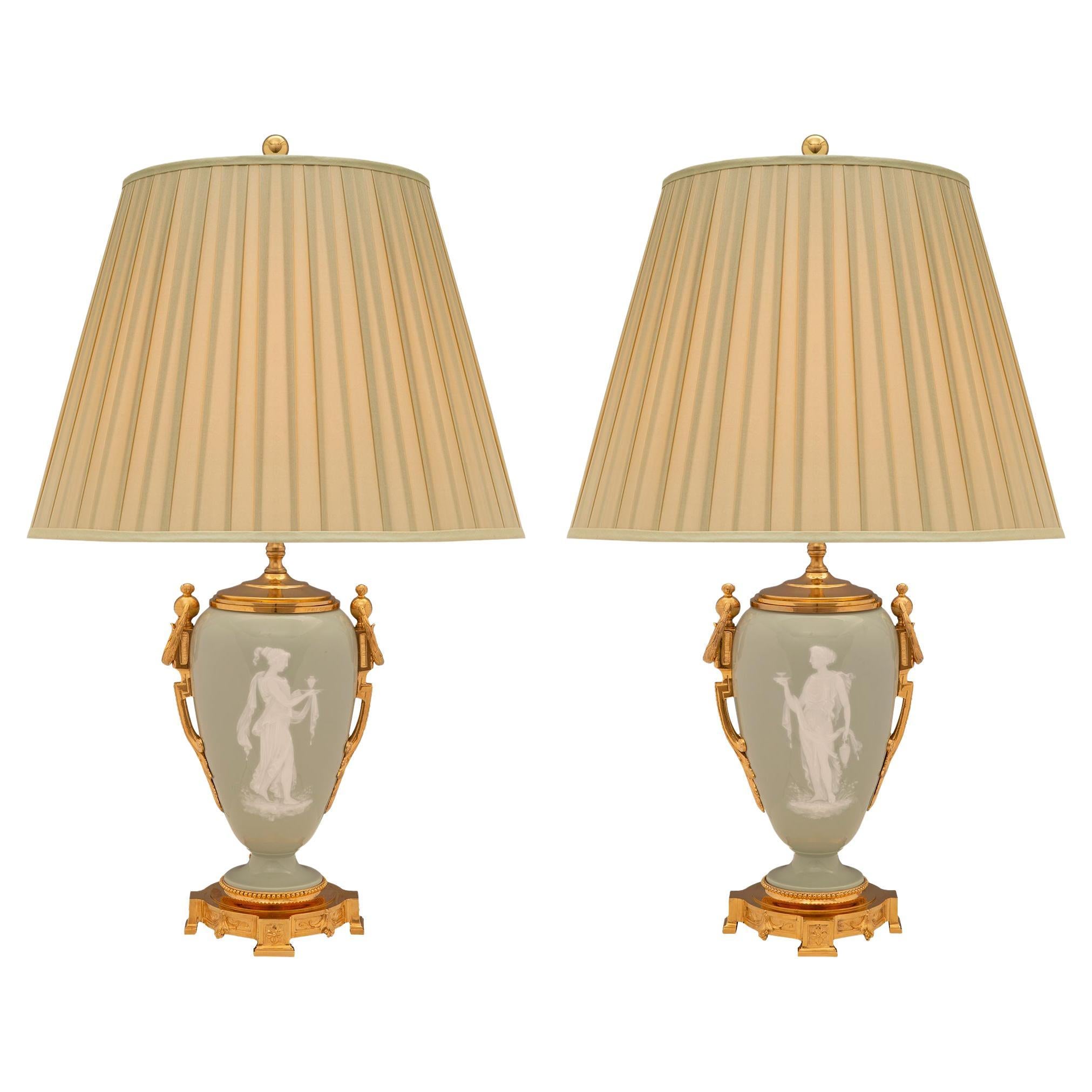 Pair of French 19th Century Louis XVI St. Ormolu and Celadon Porcelain Lamps