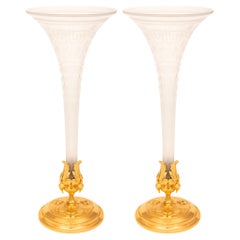 Antique pair of French 19th century Louis XVI st. Ormolu and etched Crystal vases