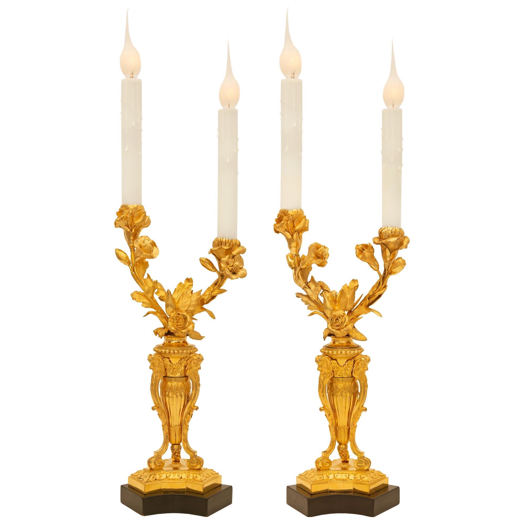 A striking pair of French 19th century Louis XVI St. Ormolu and ebonized Fruitwood candelabra lamp. The two arm lamp is raised by a triangular ebonized Fruitwood base and fine mottled ormolu support with an elegant wrap around band. The superb