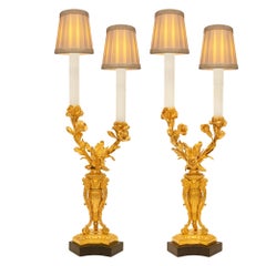 Paire de lampes candélabres Louis XVI du 19ème siècle en ormeau et bois fruitier.