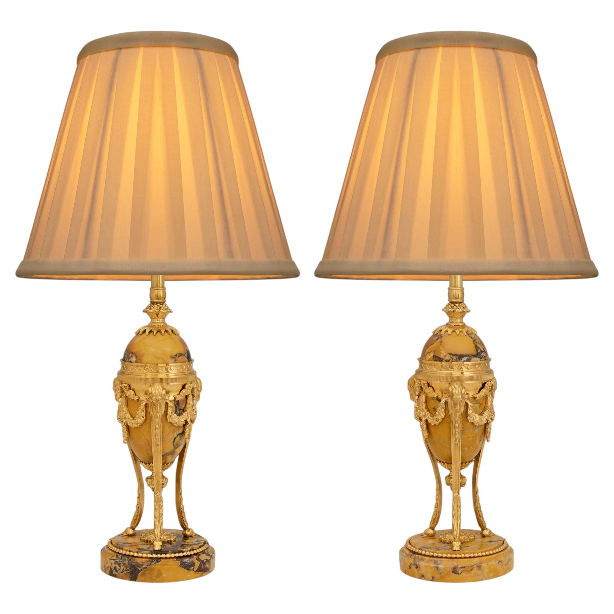 Pair of French 19th century Louis XVI st. Ormolu and Giallo Sienna marble lamps