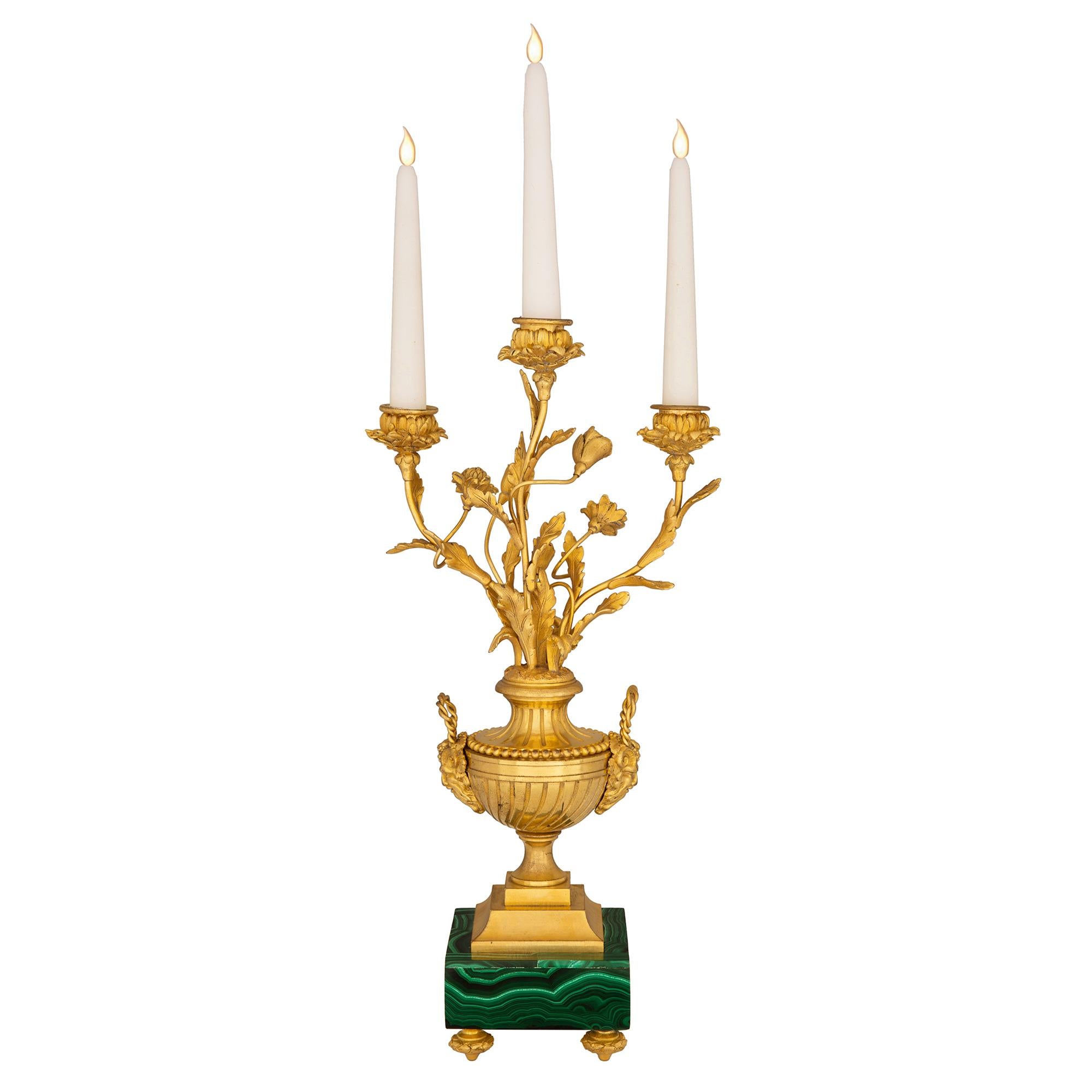 Pair Of French 19th Century Louis XVI St. Ormolu And Malachite Candelabras In Good Condition For Sale In West Palm Beach, FL