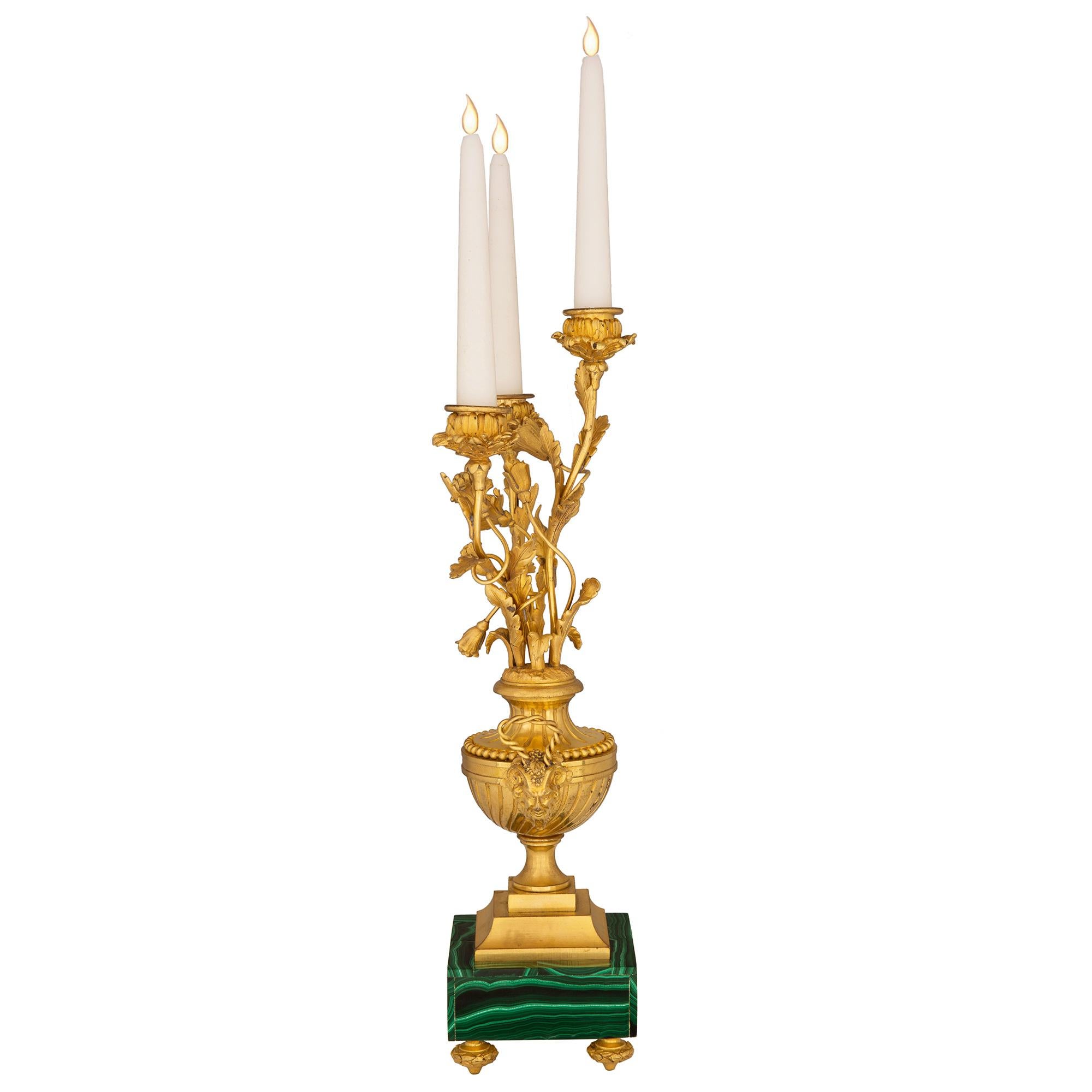 Pair Of French 19th Century Louis XVI St. Ormolu And Malachite Candelabras For Sale 1