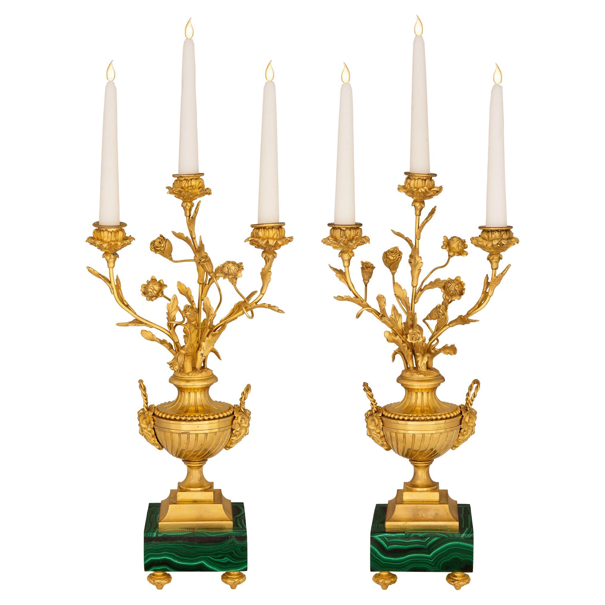 Pair Of French 19th Century Louis XVI St. Ormolu And Malachite Candelabras For Sale