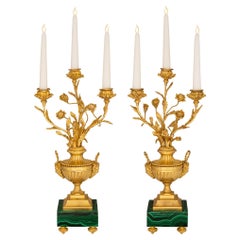 Coppia di candelabri francesi del XIX secolo in stile Luigi XVI con ormolu e malachite
