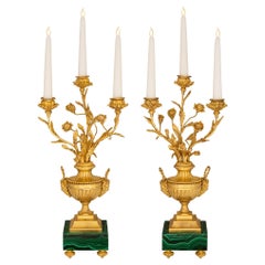 Antique Pair Of French 19th Century Louis XVI St. Ormolu And Malachite Candelabras