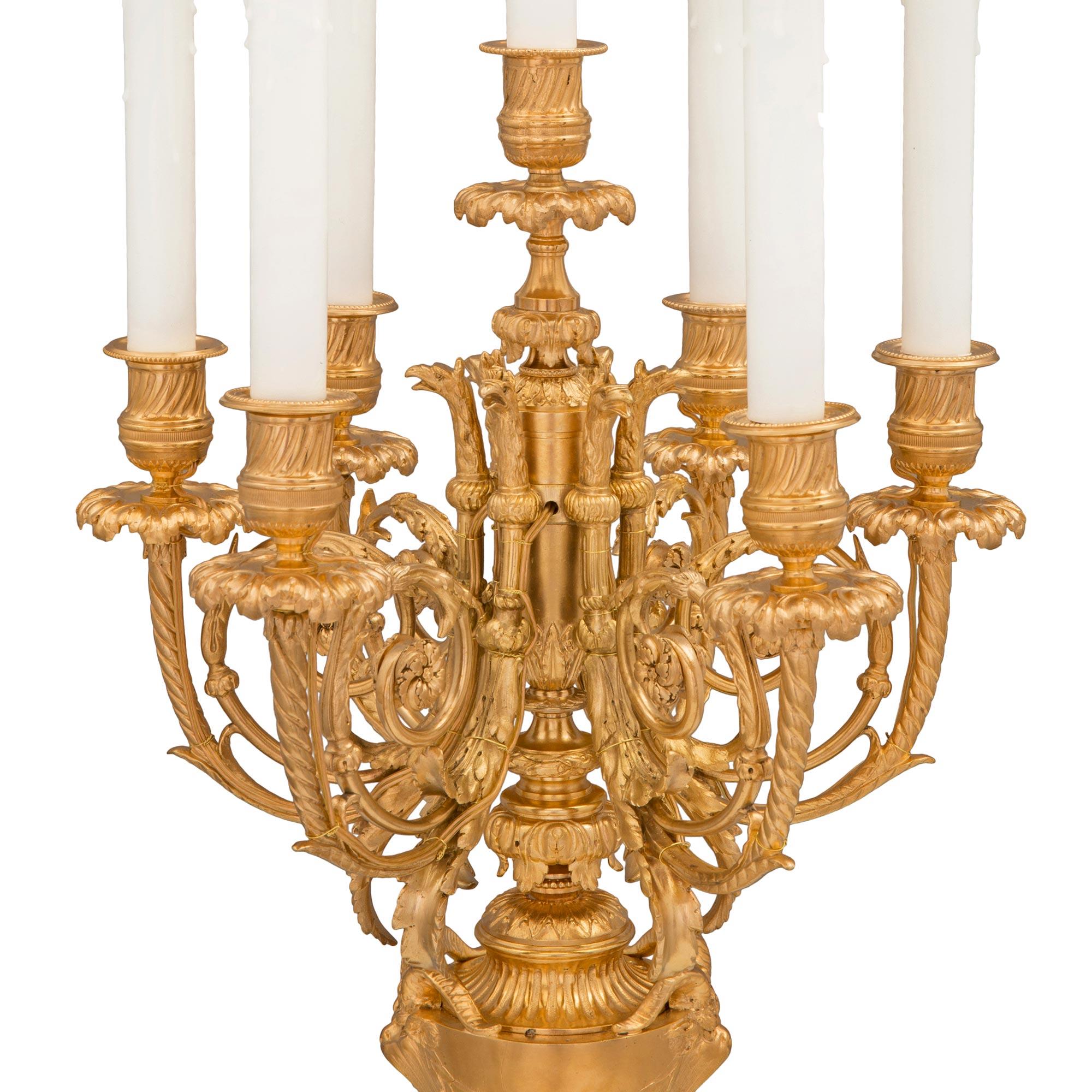 Pair of French 19th Century Louis XVI St. Ormolu and Marble Candelabra Lamps In Good Condition For Sale In West Palm Beach, FL