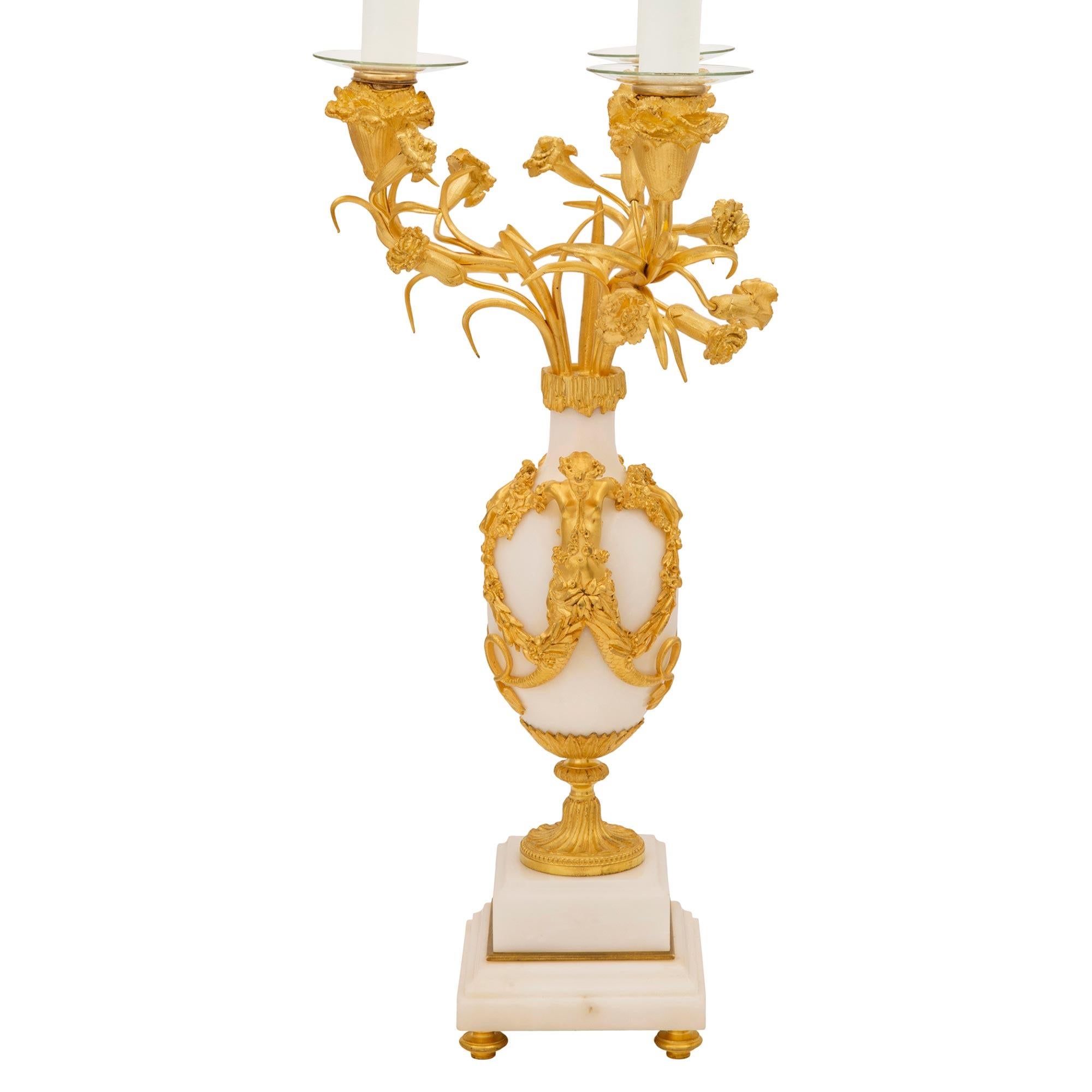 Belle Époque Pair of French 19th Century Louis XVI St. Ormolu and Marble Candelabra Lamps For Sale