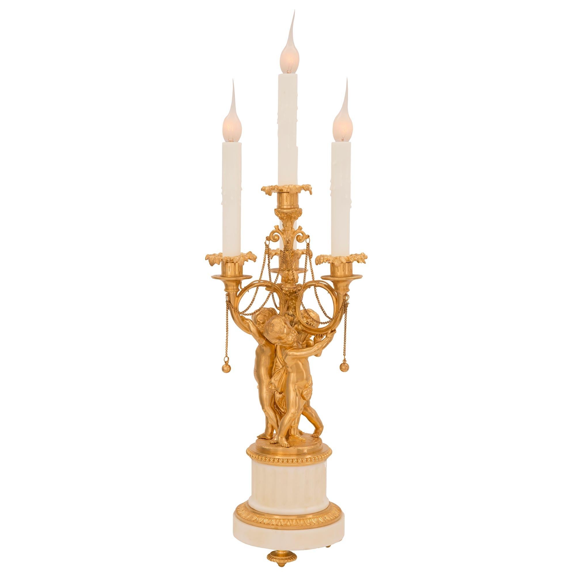 Belle Époque Pair of French 19th Century Louis XVI St. Ormolu and Marble Candelabra Lamps For Sale