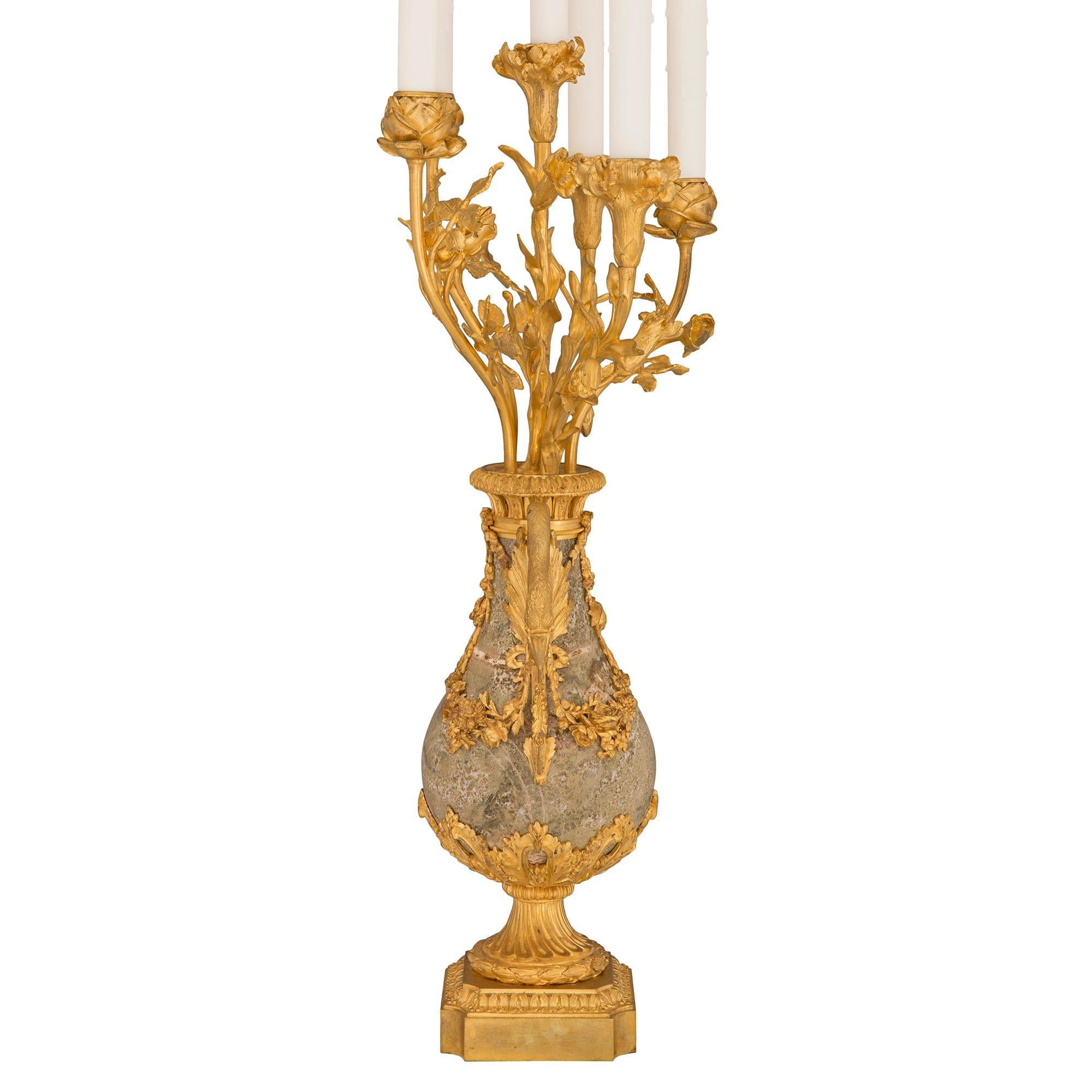 Pair of French 19th Century Louis XVI St. Ormolu and Marble Candelabra Lamps In Good Condition For Sale In West Palm Beach, FL