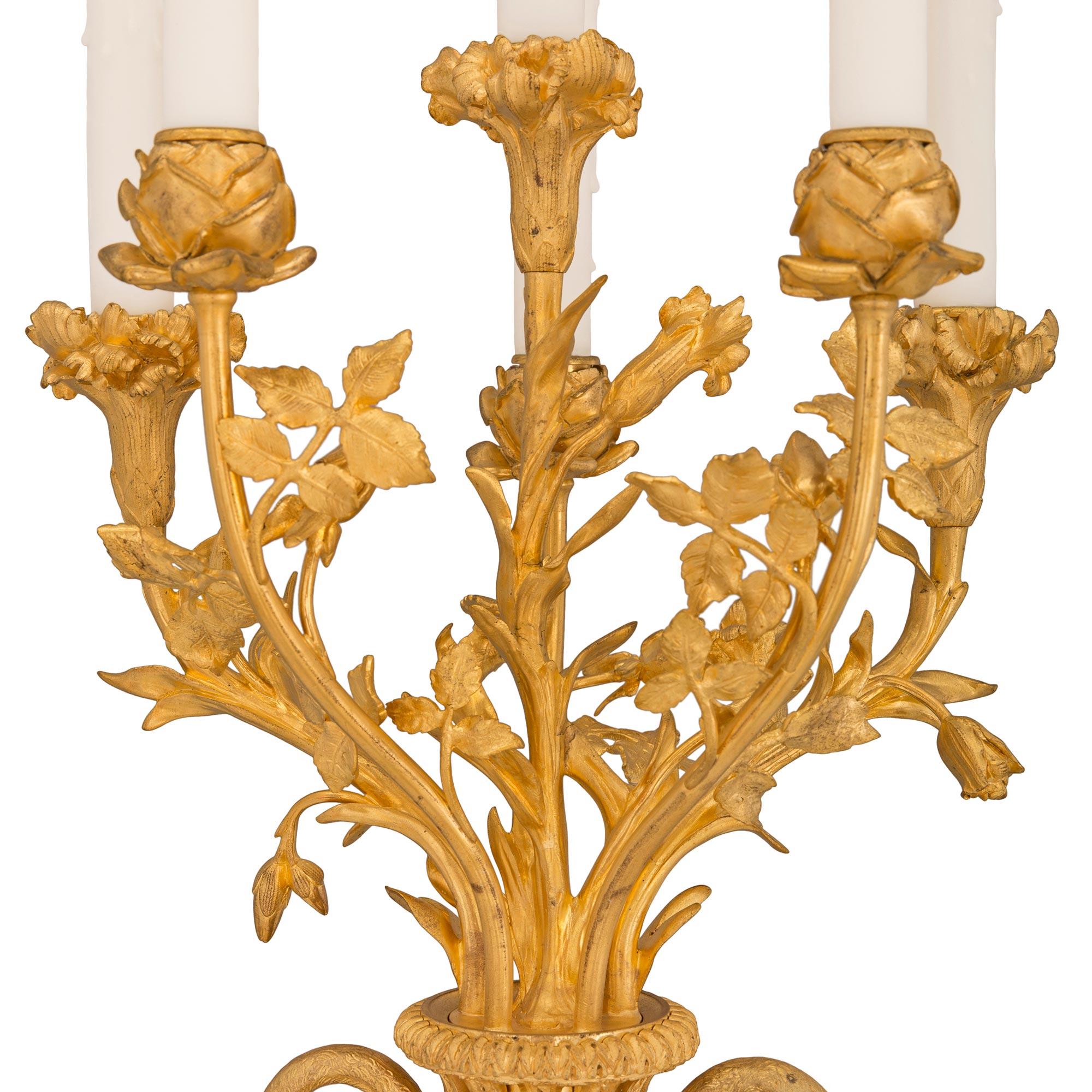 Pair of French 19th Century Louis XVI St. Ormolu and Marble Candelabra Lamps For Sale 1