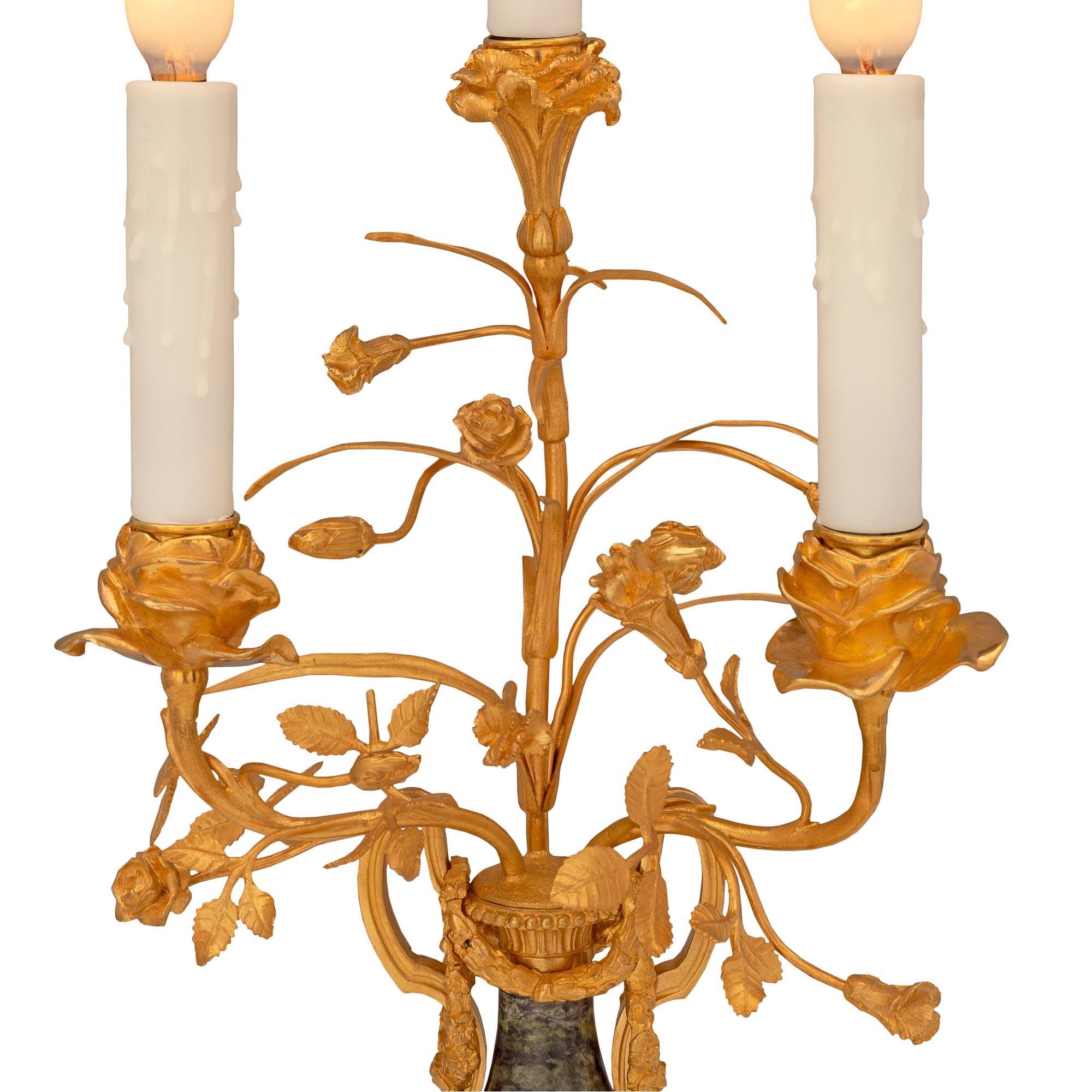 Pair of French 19th Century Louis XVI St. Ormolu and Marble Candelabra Lamps For Sale 2