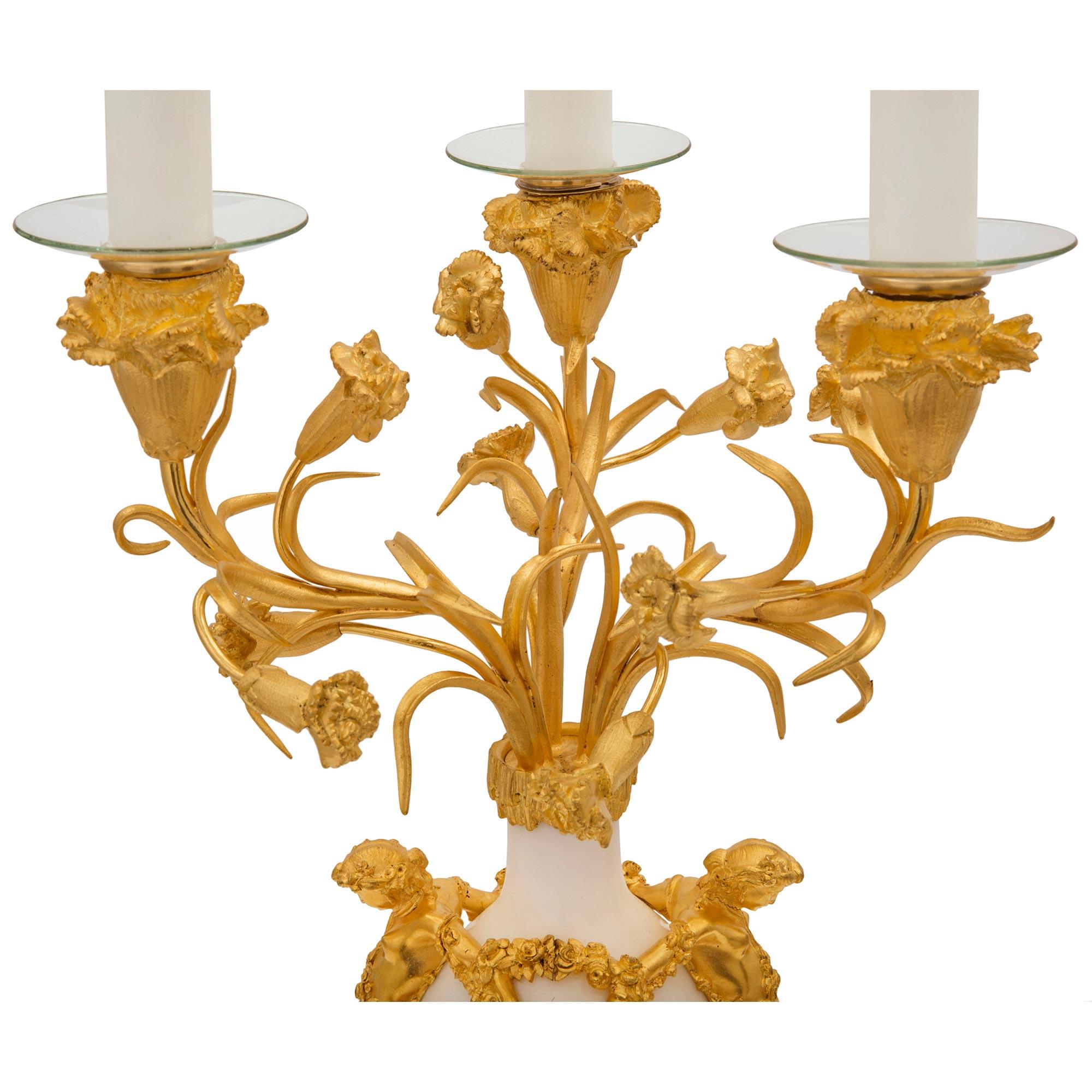 Pair of French 19th Century Louis XVI St. Ormolu and Marble Candelabra Lamps For Sale 1